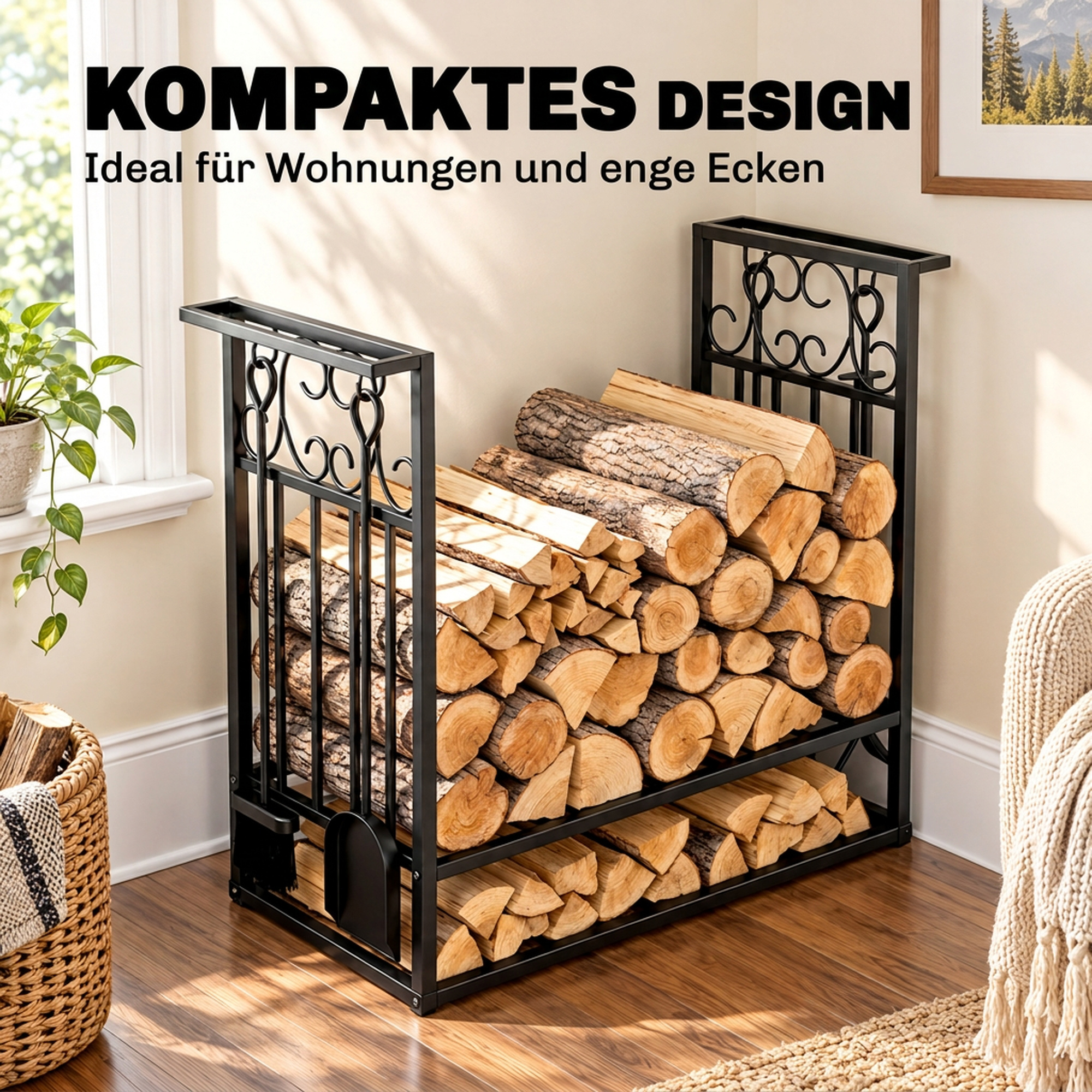 Küttepuude riiul kaminatööriistadega, küttepuude riiul, küttepuude hoiustamine, kaminatööriistad, must teras 75 x 30 x 60 cm