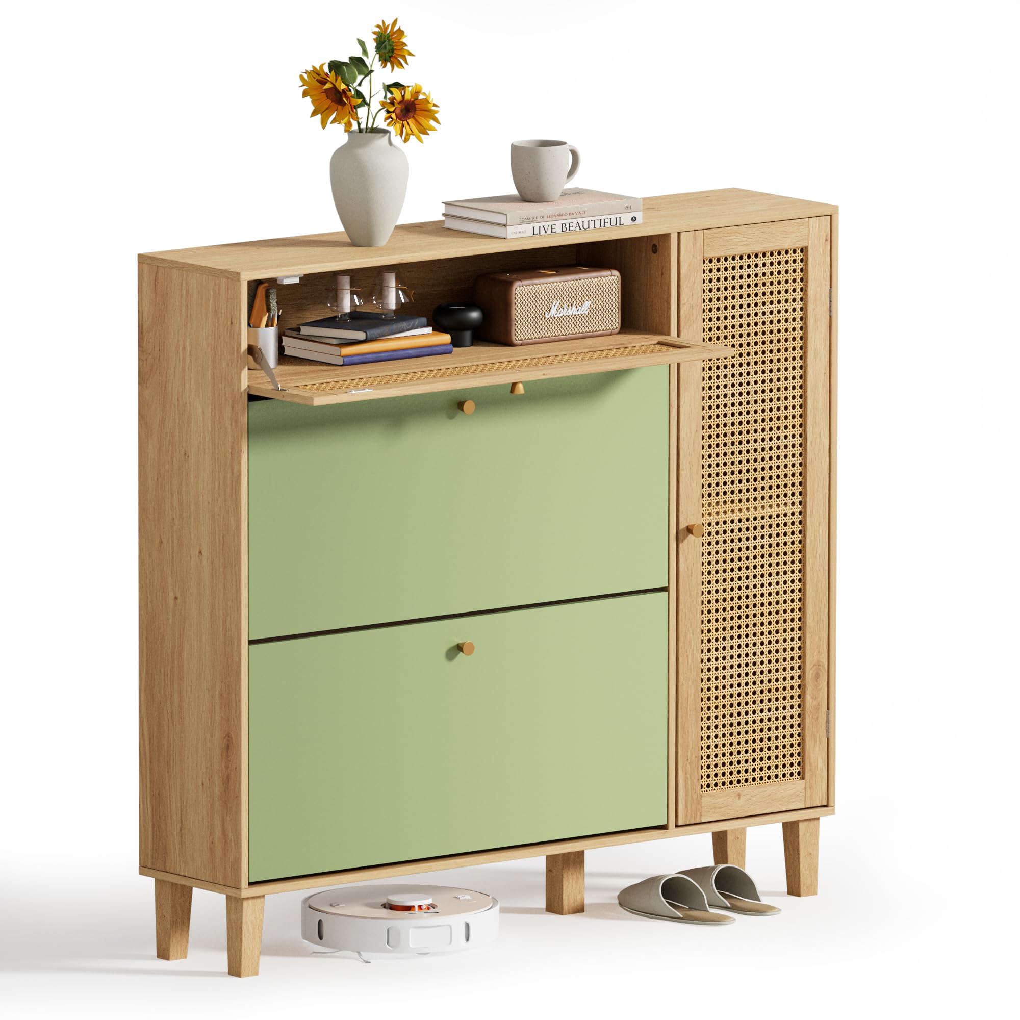Schuhschrank mit Rattan-Elementen, Grün Aosom.de