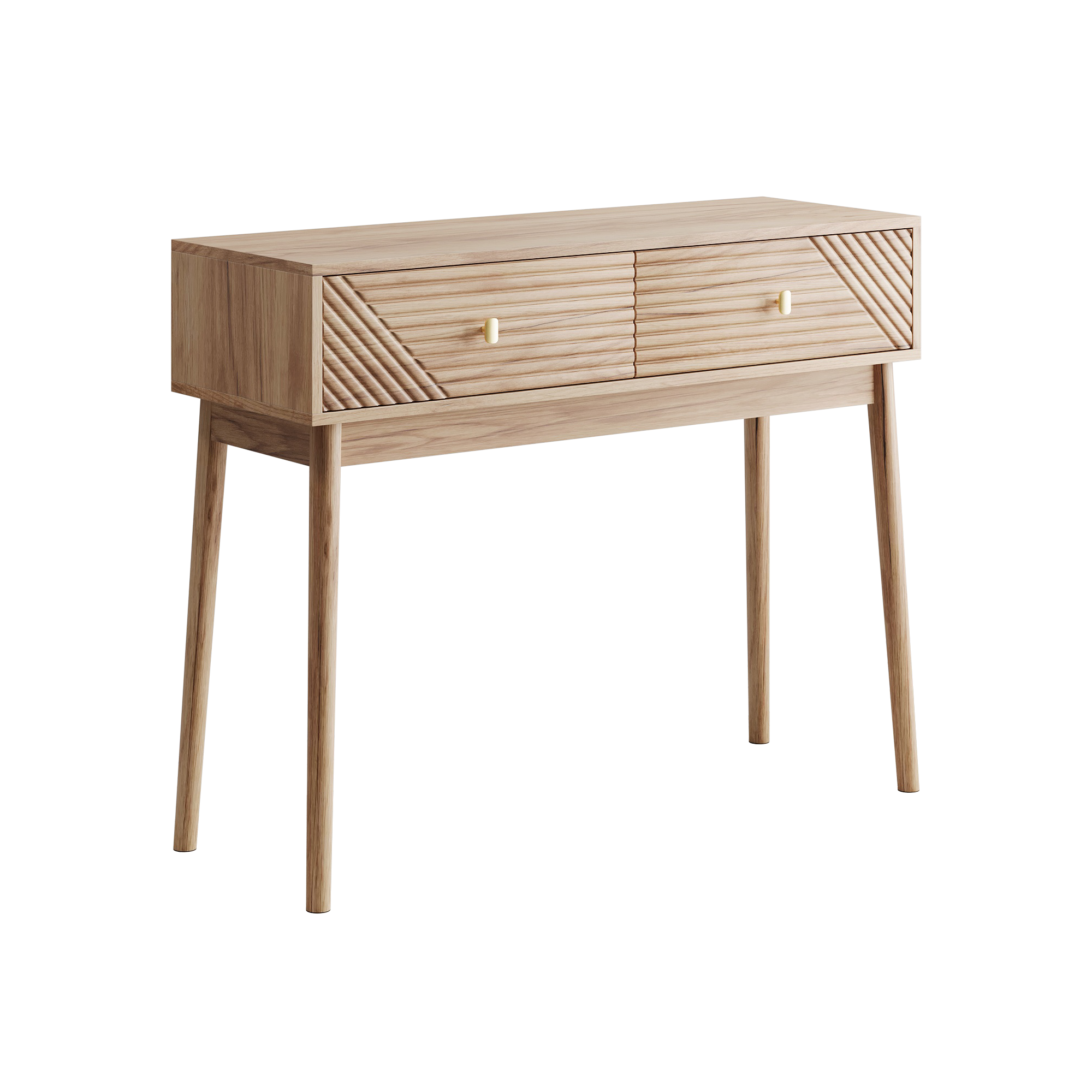 Konsolentisch im Mid-Century-Stil mit zwei Schubladen und offenen Ablageflächen, Eiche Aosom.de