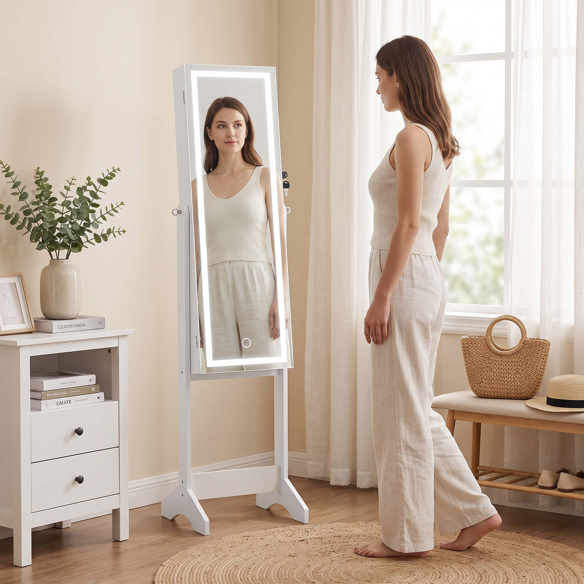 HOMCOM Mirror Jewelry Cabinet with LED Light| Freestanding Lockable Full Length Mirror with Storage| 3 Angles Adjustable| White