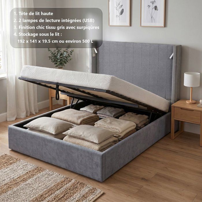 Cama gris perla de tela (ref. F-OCT-KTSTAN3MGREY140)