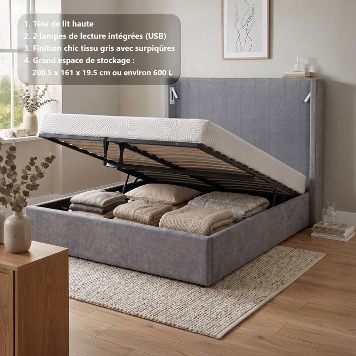 pearl grey bed in fabric (ref. F-OCT-KTSTAN3MGREY160)