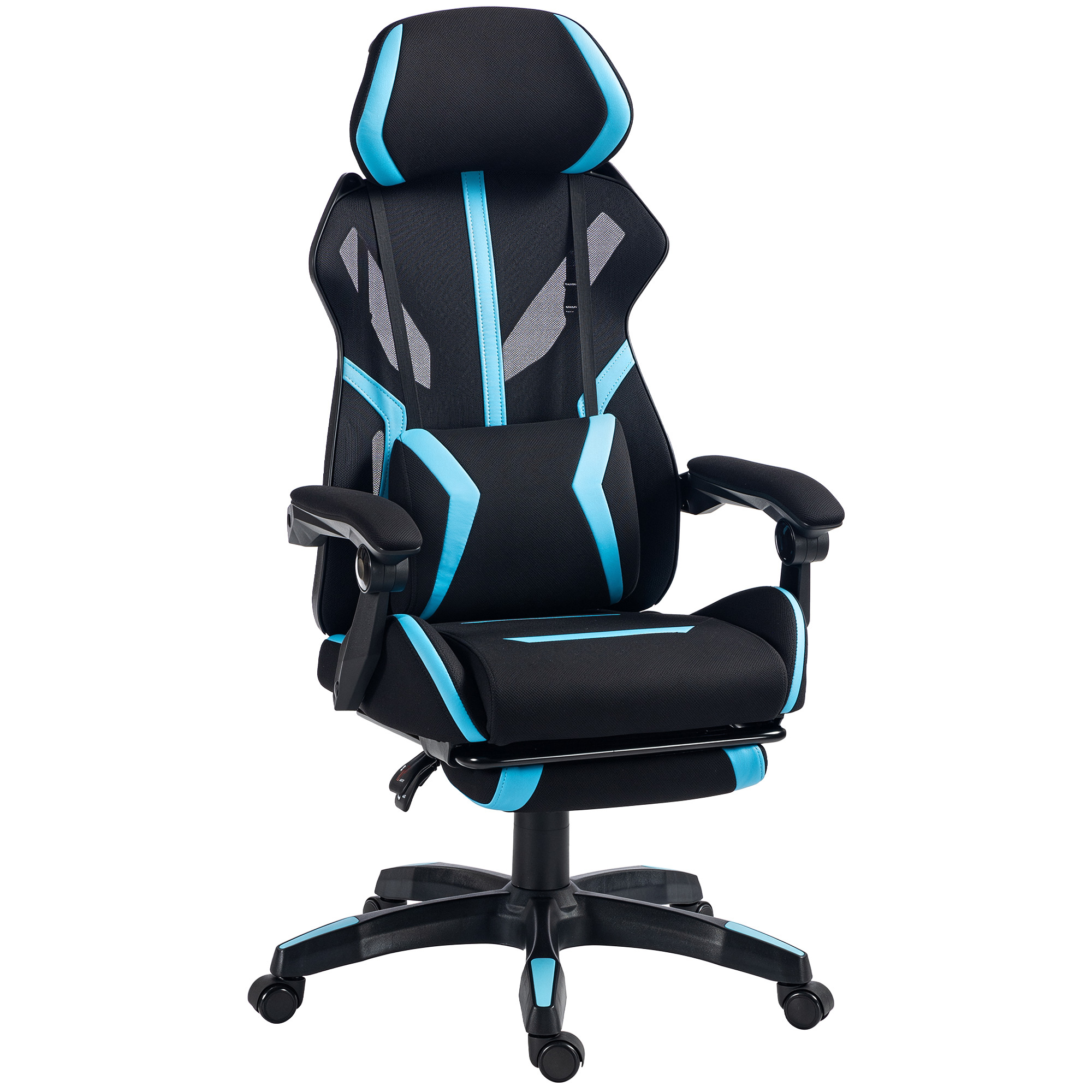 HOMCOM Ergonomischer Gaming-Stuhl, neigbarer Mesh-Gaming-Sessel mit verstellbarer Kopfstütze, Lendenstütze, höhenverstellbar, Fußstütze, 360° drehbar, hochdichter Schaum, Schwarz und Blau Aosom