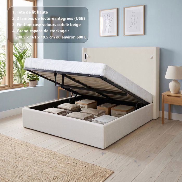 Cama beige de pana (ref. F-OCT-KTSTAN2CORDWH160)