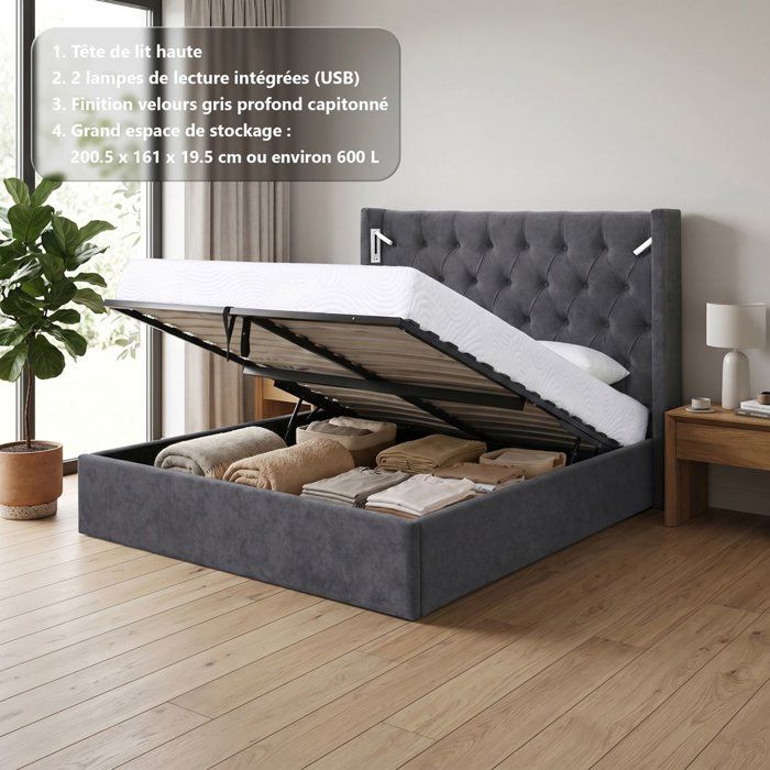 Cama antracita de terciopelo (ref. F-OCT-KTSTAN4CAPVG160)