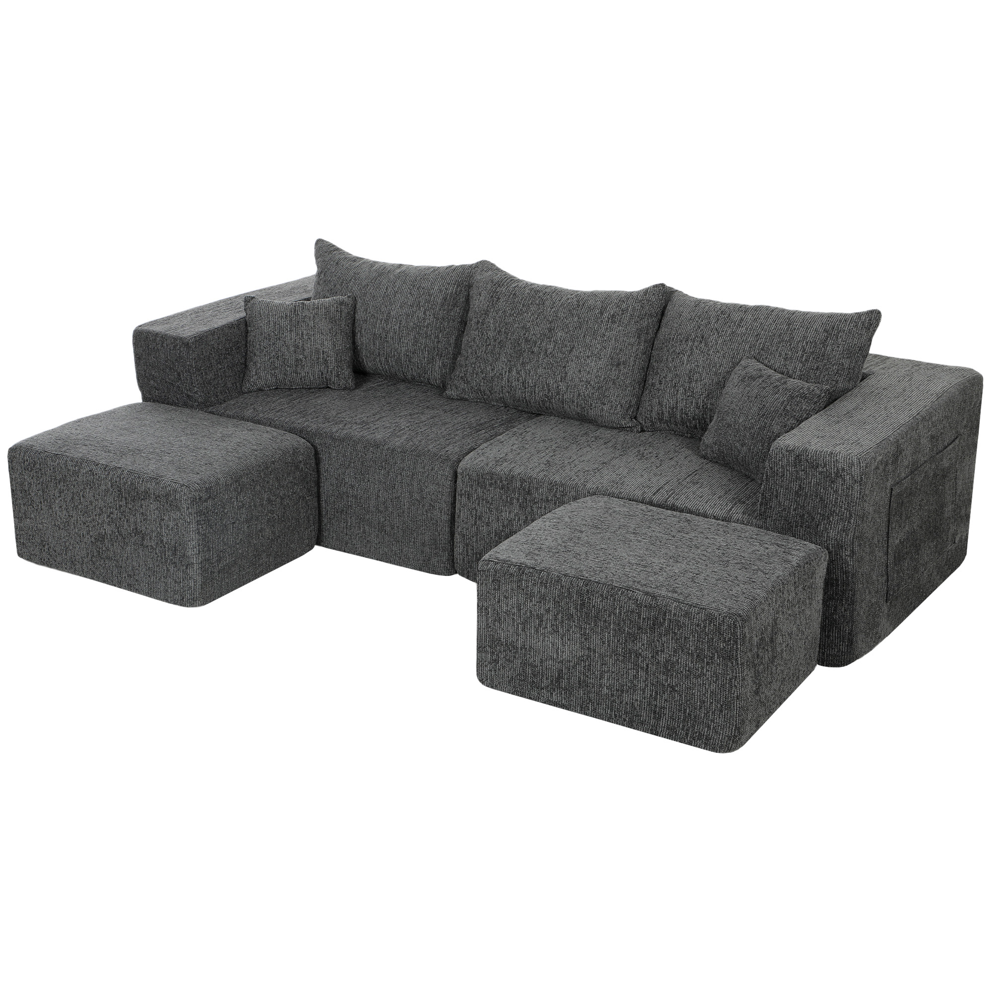 Canapé modulaire en U 3 places avec 2 ottomanes Poches Canapé en chenille Assise large Sans montage Gris