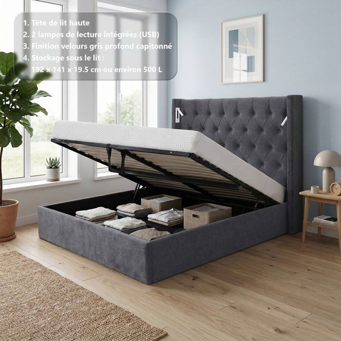 Cama antracita de terciopelo (ref. F-OCT-KTSTAN4CAPVG140)