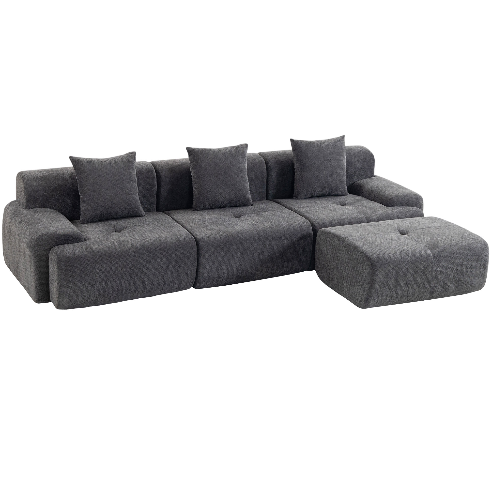 HOMCOM Modulbares Ecksofa 3-Sitzer mit Ottomane aus Chenille, komprimiertes 300 cm L-förmiges Sofa mit tiefer Sitzfläche, 3 Kissen, dicke Polsterung, ohne Montage, für Wohnzimmer, Schlafzimmer, Grau Aosom