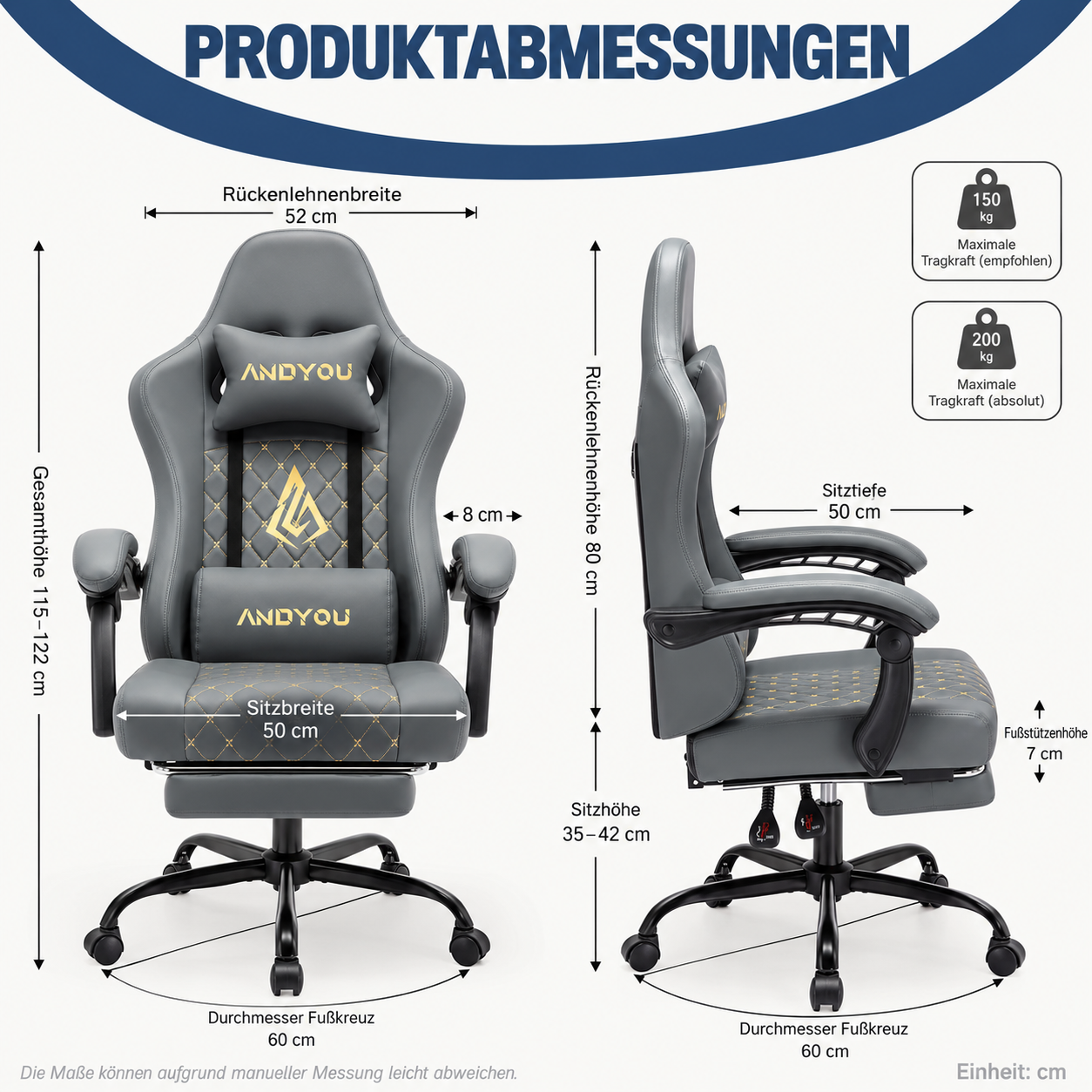 ANDYOU Ergonomic PU Leather Racing Style Gaming Chair - Comfortable and Adjustable, Grey – Bild 2 von 2