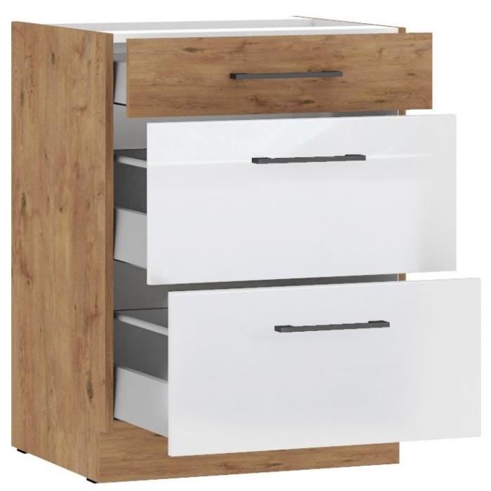 Rock Blanc Meuble Bas Casserolier - Mélaminé Chêne Lancelot Et Brillant - 60 Cm - 3 Tiroirs - Plan De Travail Non Inclus - Image 4
