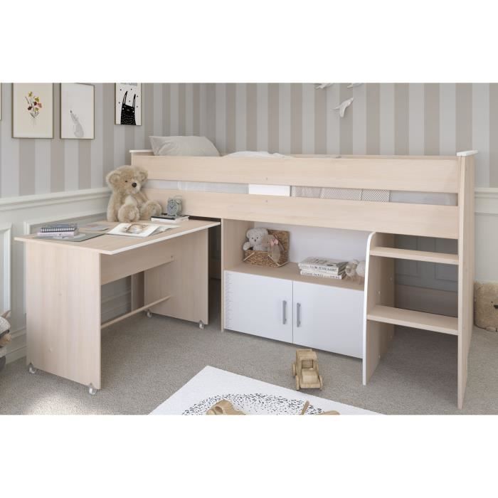 Lit combiné enfant Parisot ZOLA 90x200 cm - 2 portes - Avec bureau - Décor acacia clair et blanc