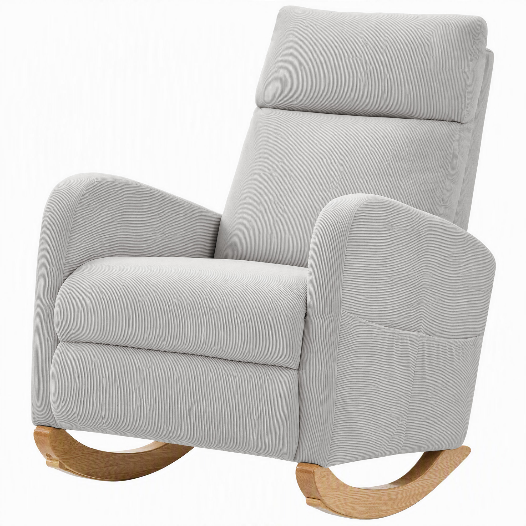 HOMCOM Schaukelstuhl, Cord-Schaukelstuhl mit hoher Rückenlehne, Holzbeine, Taschen, Armlehnen, Moderner Stil, Stillstuhl, Belastbarkeit 120 kg, für Schlafzimmer, Wohnzimmer, Hellgrau Aosom