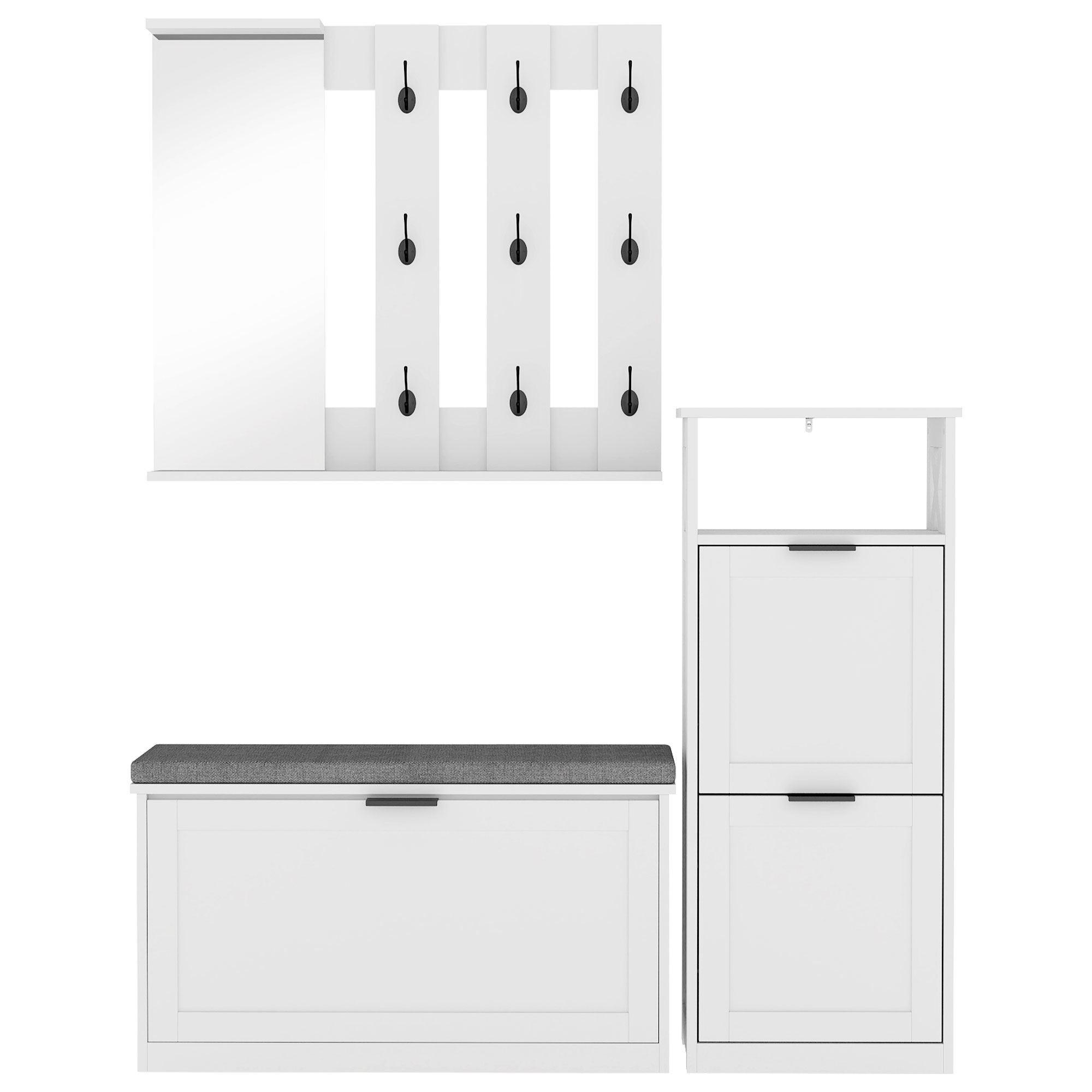 HOMCOM Set mobilier hol cu oglindă, bancă pentru pantofi și cuier 3 sertare basculante 9 cârlige rafturi 82x25x46,8 cm Alb | Aosom Romania