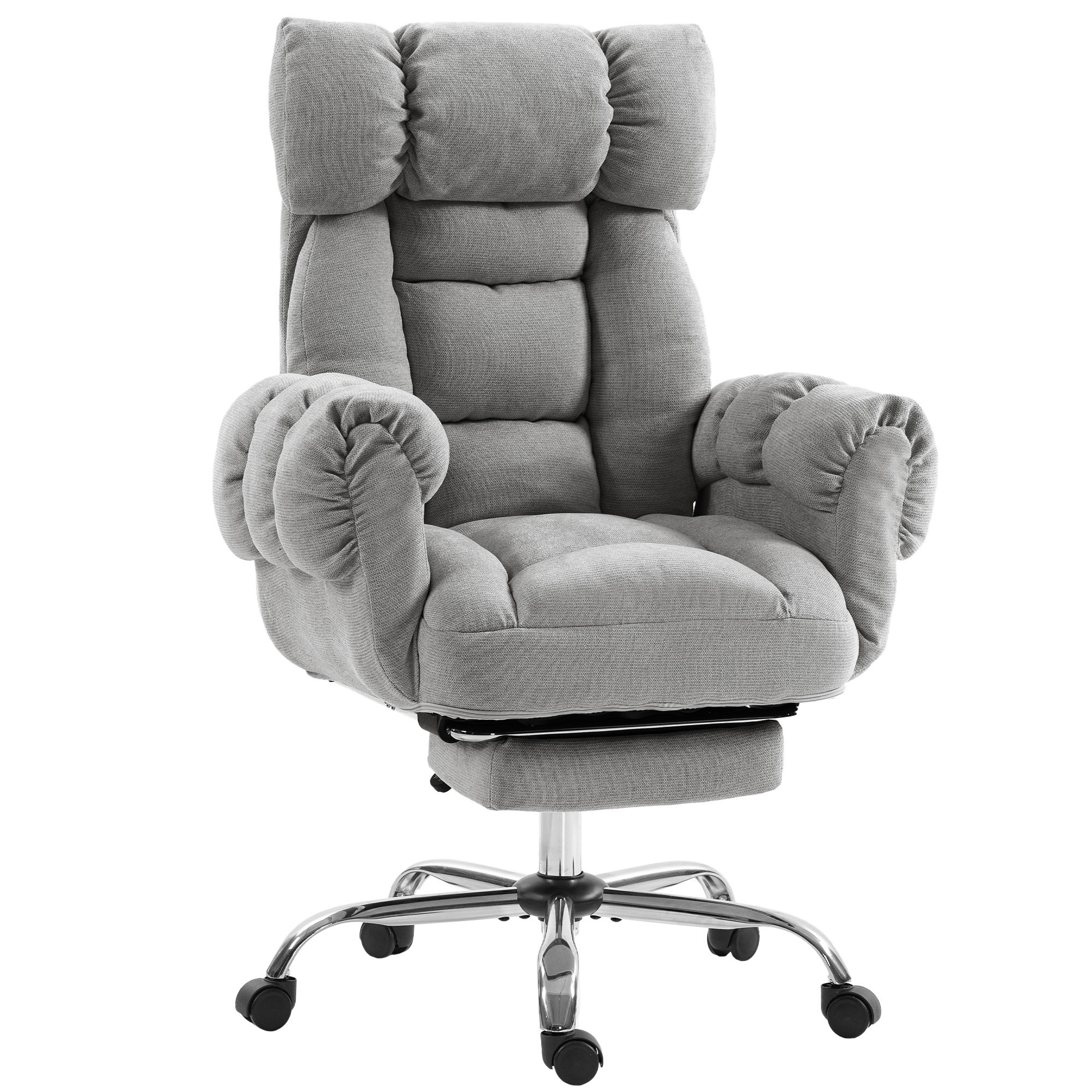 HOMCOM Ergonomischer Schreibtischstuhl mit Reposapiés, Leinenoptik-Bürostuhl mit klappbaren Armlehnen und hoher Rückenlehne, 135° neigbar, dick gepolstert, höhenverstellbar, 360° Rollen, Grau Aosom