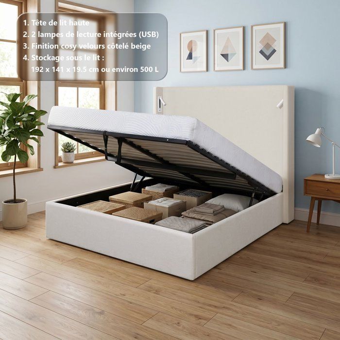 Cama beige de pana (ref. F-OCT-KTSTAN2CORDWH140)