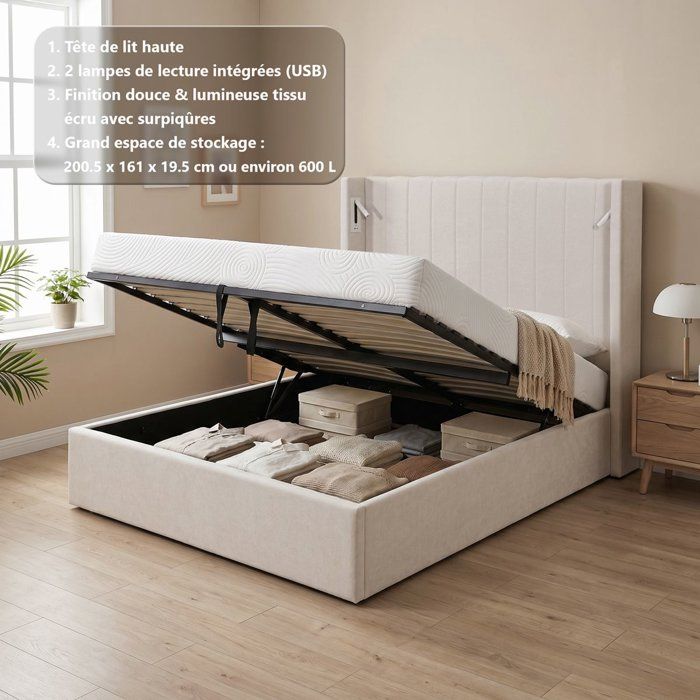 Cama blanco roto de tela (ref. F-OCT-KTSTAN3WH160)