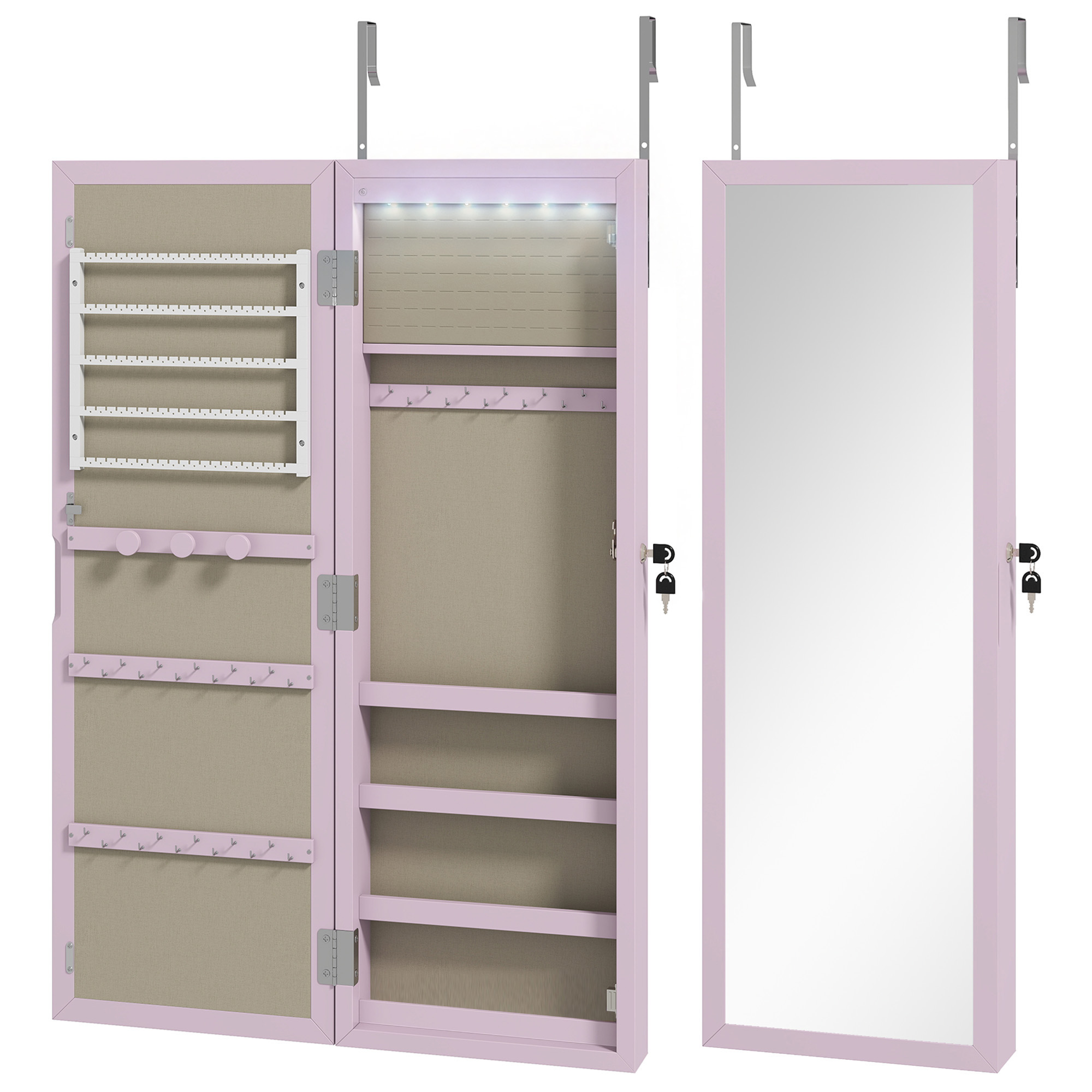 HOMCOM Wand-Schmuckschrank mit LED-Beleuchtung, Schmuckschrank mit Ganzkörperspiegel, Schloss, Schmuck-Organizer zum Aufhängen an Wand oder Tür, Rosa Aosom