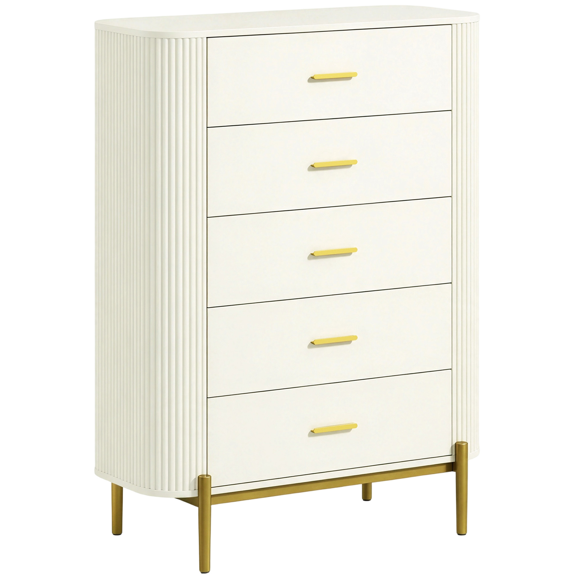 HOMCOM Comodă cu 5 sertare, comodă dormitor cu aspect striat, mânere și picioare metalice, 90x44x120 cm, Gri deschis | Aosom Romania