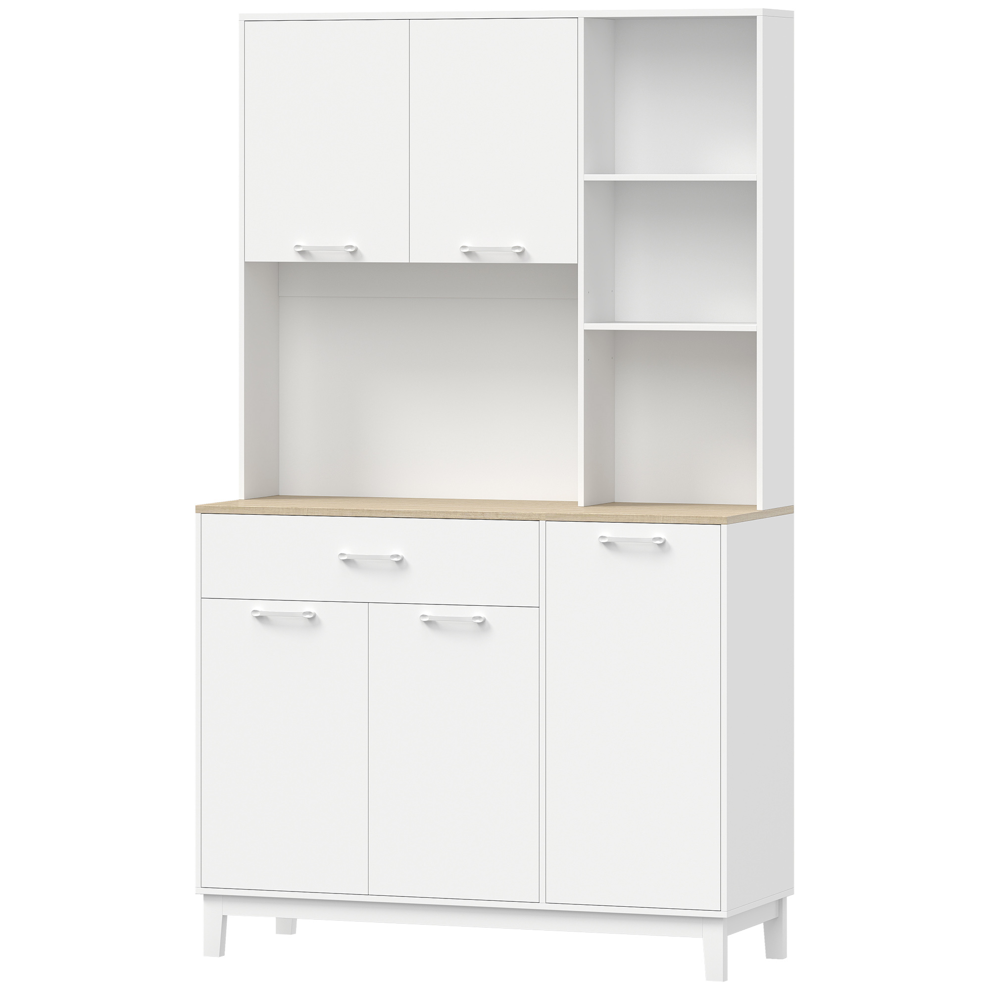 HOMCOM Hoher Küchenschrank, Beistellschrank mit 5 Türen, 3 Böden, Schublade, Arbeitsplatte für Mikrowelle, verstellbare Regale, für Esszimmer, Wohnzimmer, 106,5x40x180 cm, Weiß Aosom