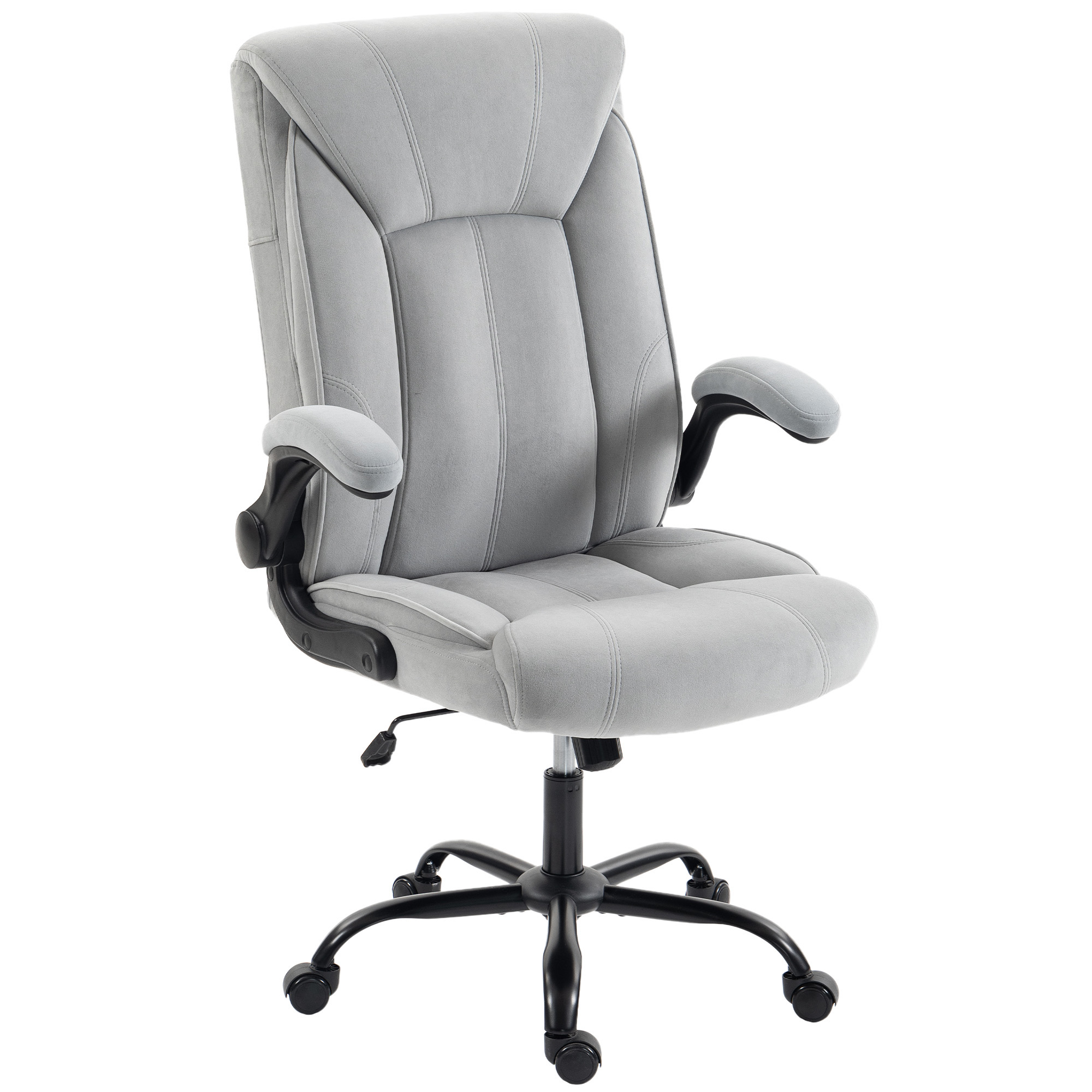 HOMCOM Scaun de birou ergonomic din țesătură flanelă, înălțime reglabilă, balans, cotiere rabatabile, 66x77x122cm, gri deschis | Aosom Romania