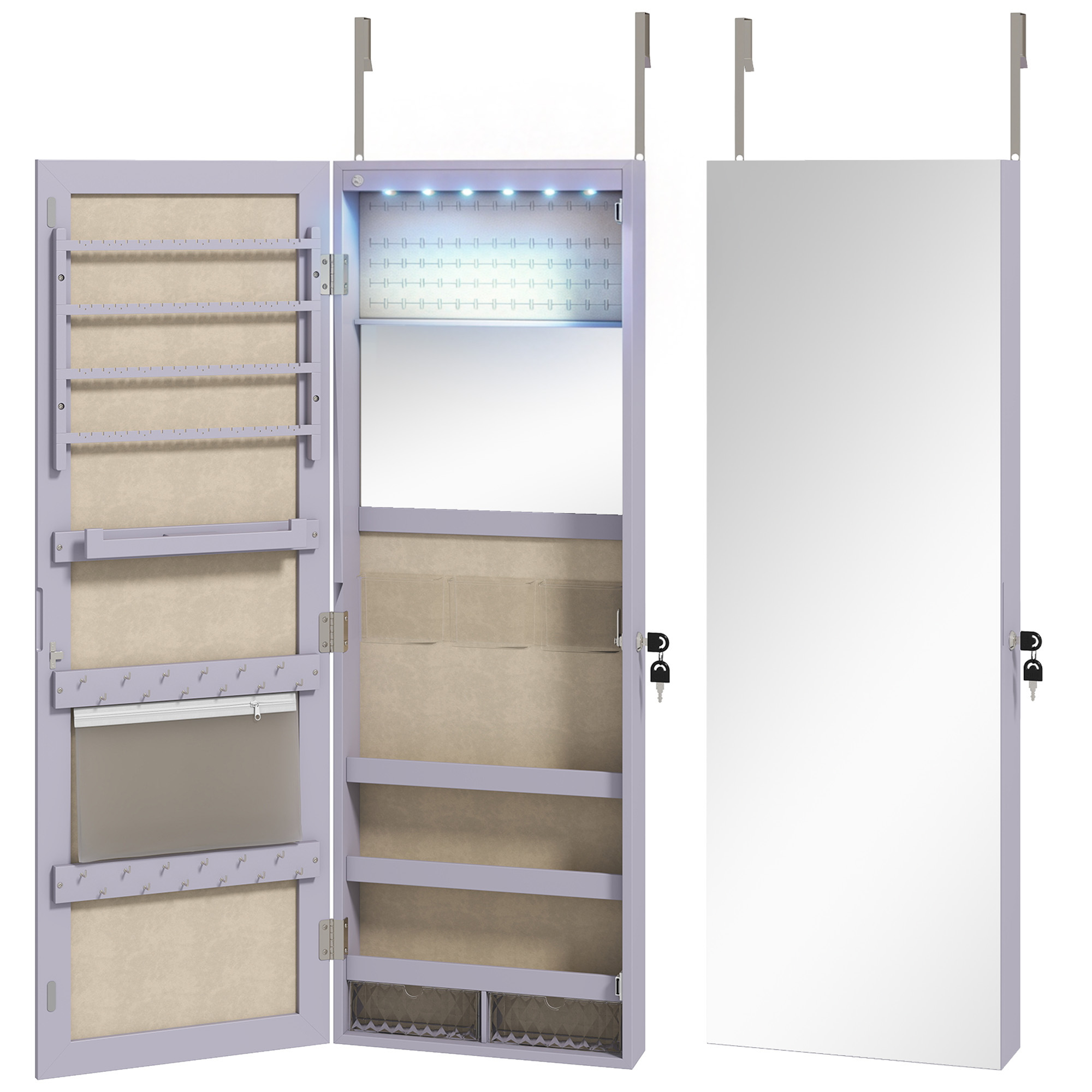 HOMCOM Wand-Schmuckschrank mit LED-Leuchten, Schmuckschrank mit klappbarem kleinem Spiegel, Schloss, Schmuck-Organizer zum Aufhängen an Wand oder Tür, Lila Aosom