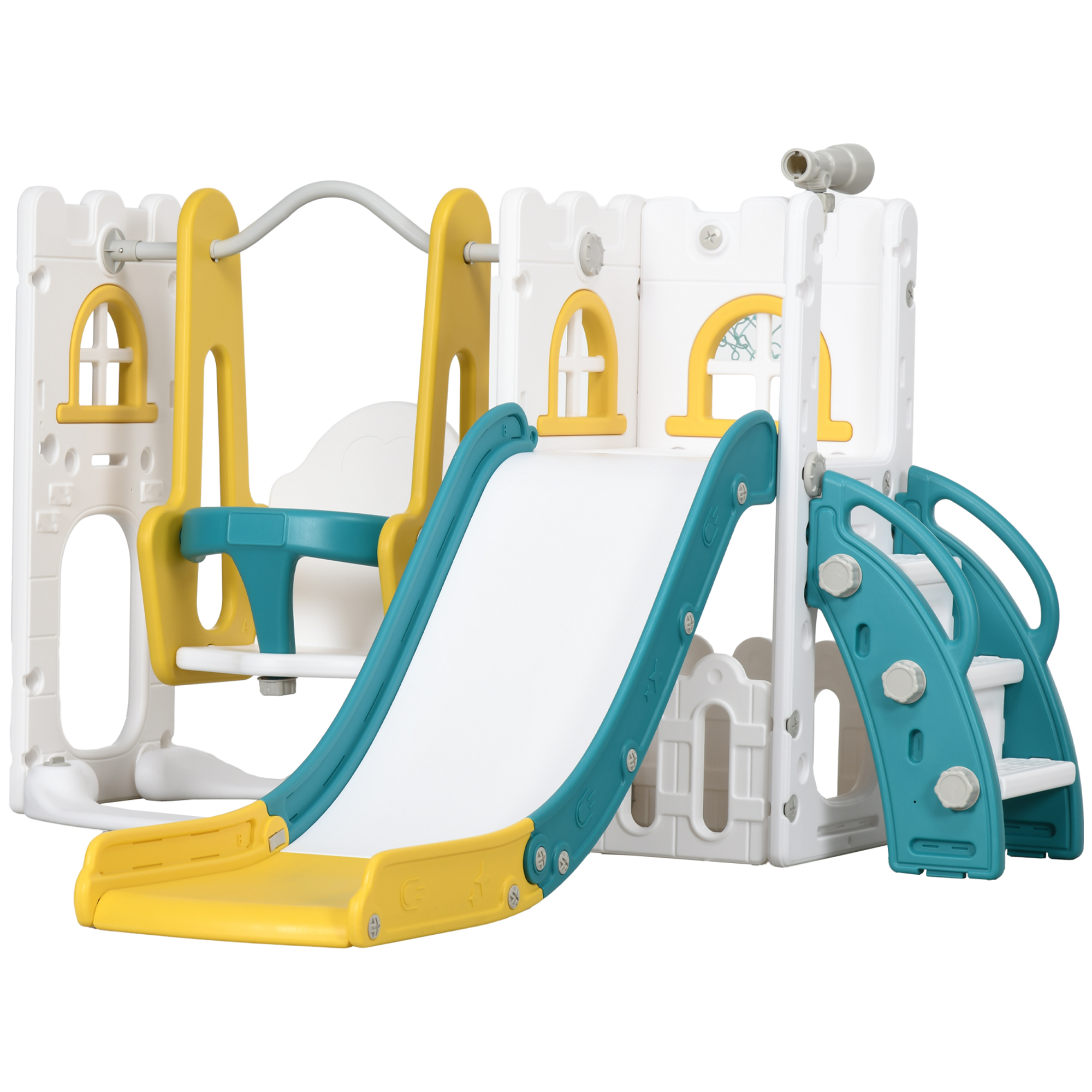 AIYAPLAY 6-in-1 Rutsch- und Schaukelset für Kinder mit Schaukel, Basketballkorb, rutschfester Leiter, Aufbewahrungsfach, Fernrohr, Indoor-Spiel, 1-3 Jahre, Gelb   Aosom
