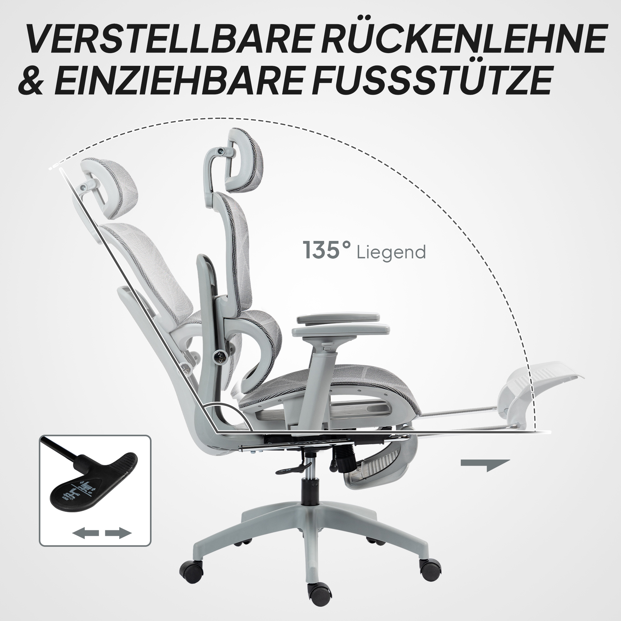 Kontoritool, ergonoomiline lauatool võrkkangast kattega, reguleeritav, mobiilne, käetugede ja peatoega, hall