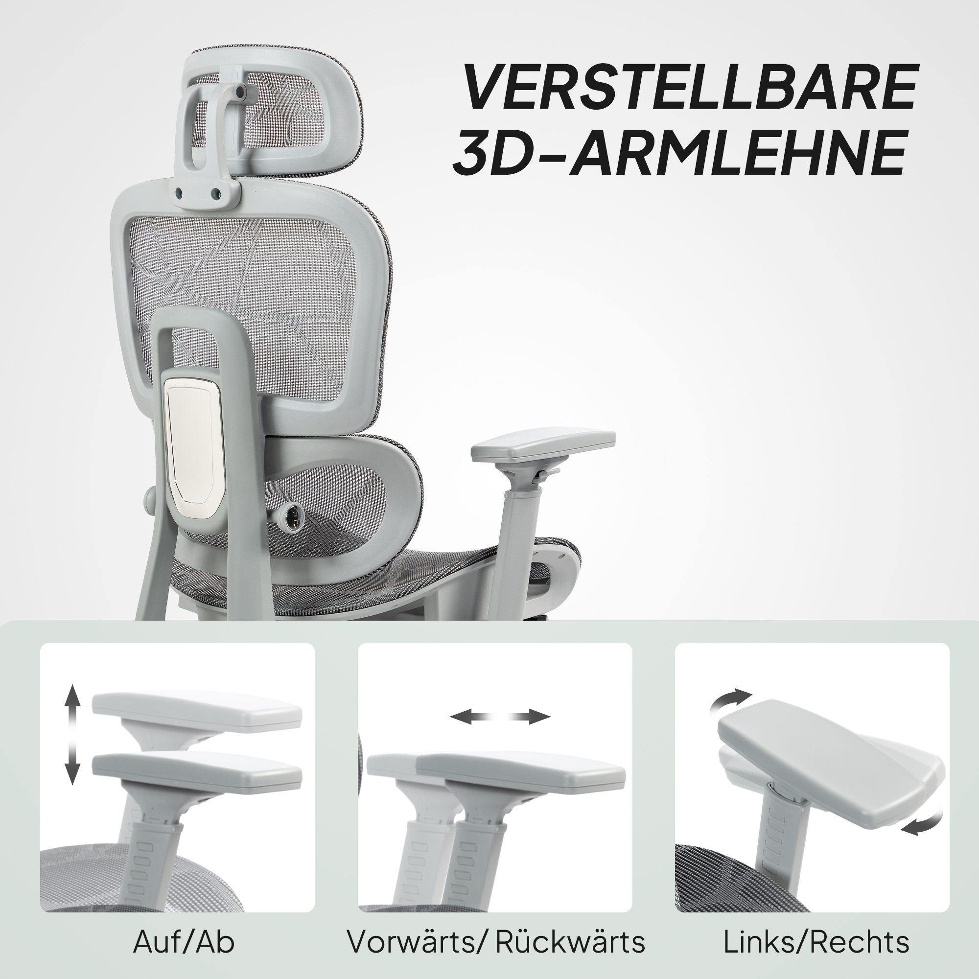 Kontoritool, ergonoomiline lauatool võrkkangast kattega, reguleeritav, mobiilne, käetugede ja peatoega, hall