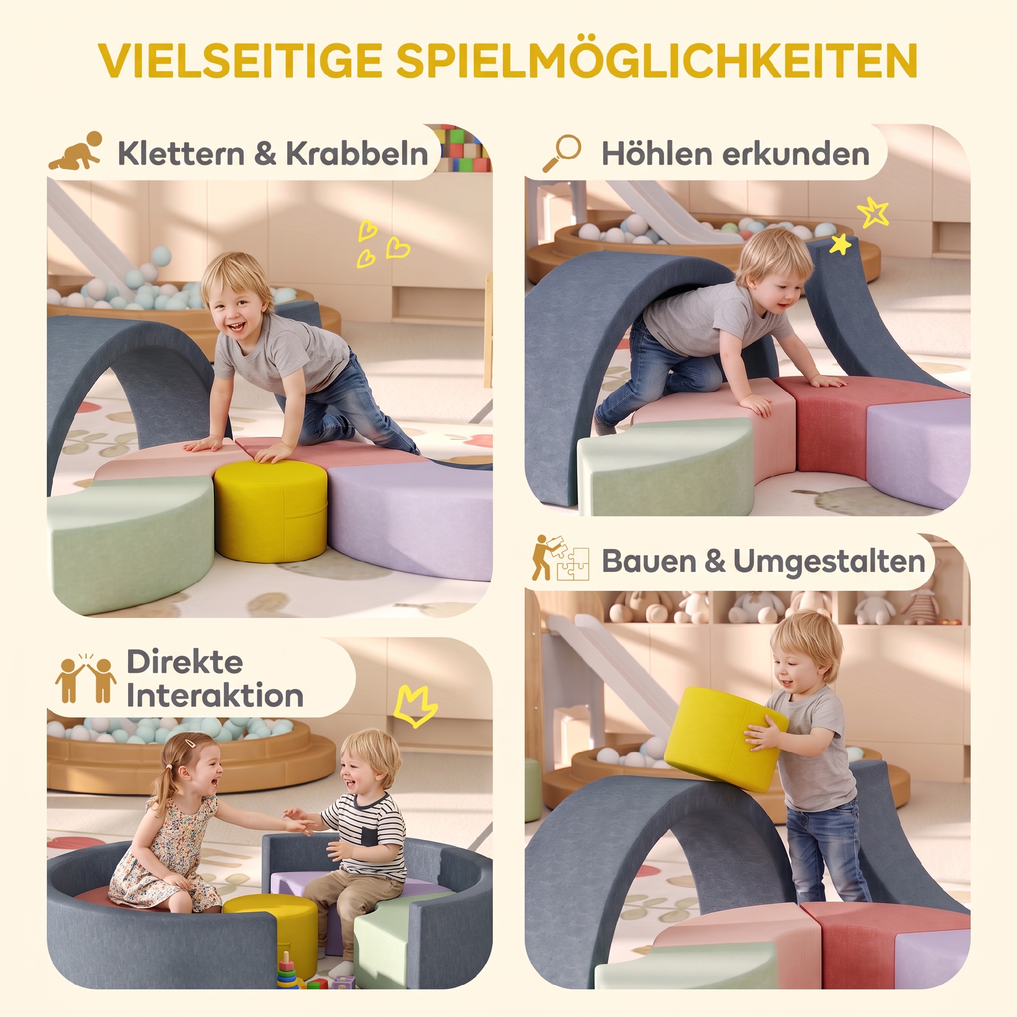 7-osaline pehmete ehitusklotside komplekt väikelastele, vaht, pestav velvetist kate, erinevad kujud, värviline