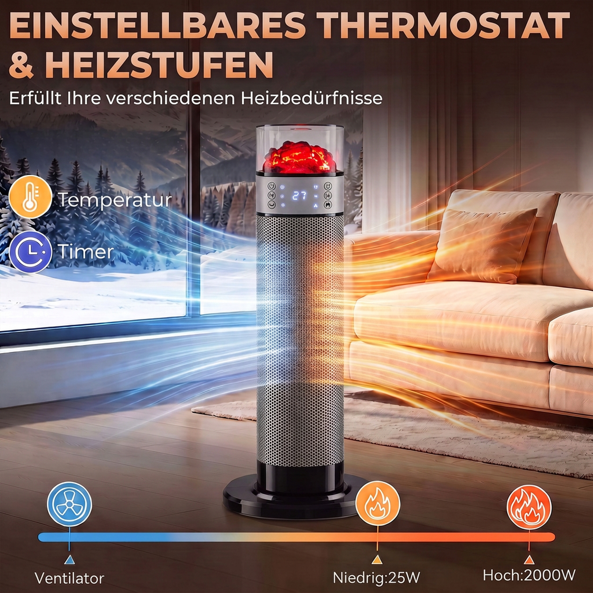 Keraamiline ventilaatorkütteseade 2000W termostaadiga elektriküttekeha puldiga must