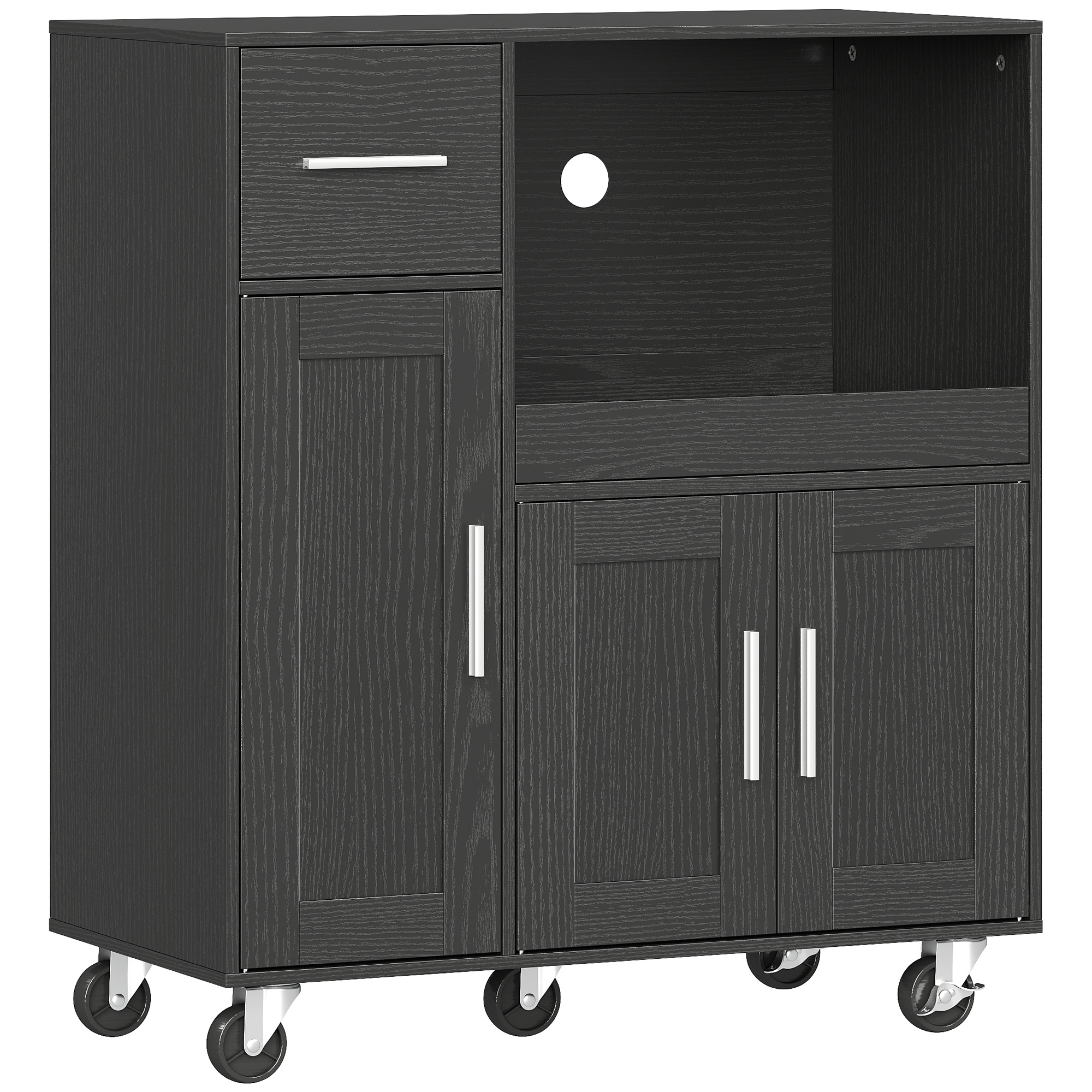 HOMCOM Mikrowellenmöbel mit 5 Rollen, Küchenbuffet mit Ausziehplatte, Kabeldurchführung, Schublade, 3-türige Schränke, verstellbares Regal, platzsparend für Esszimmer, 80x40x88.7 cm, Schwarz Aosom
