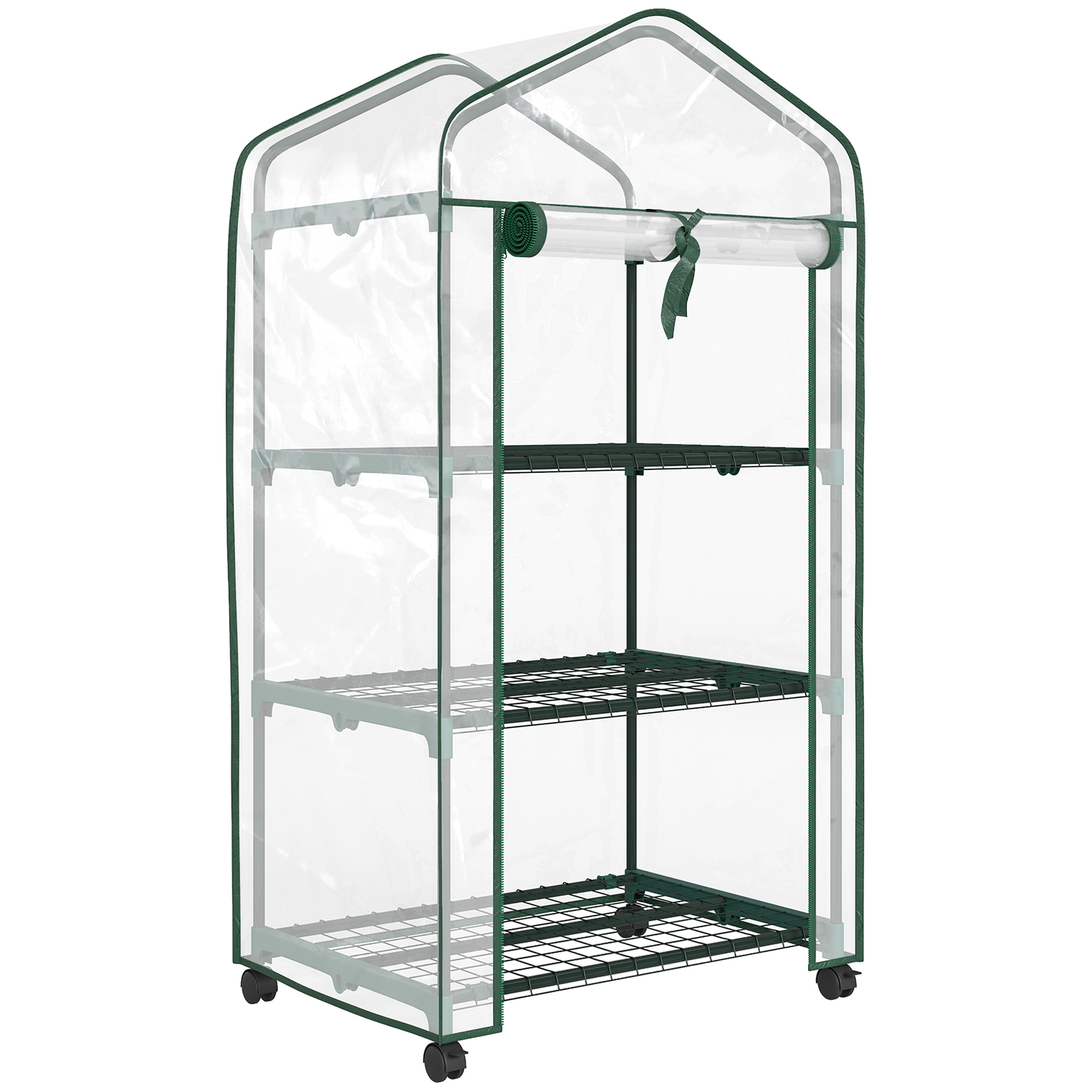 Outsunny 3-stufiges Mini-Gewächshaus mit verstärkter PE-Abdeckung und Rädern, tragbares kleines Gewächshaus mit aufrollbarer Tür und Gitterregalen, 130H x 69B x 49T cm, Transparent Aosom