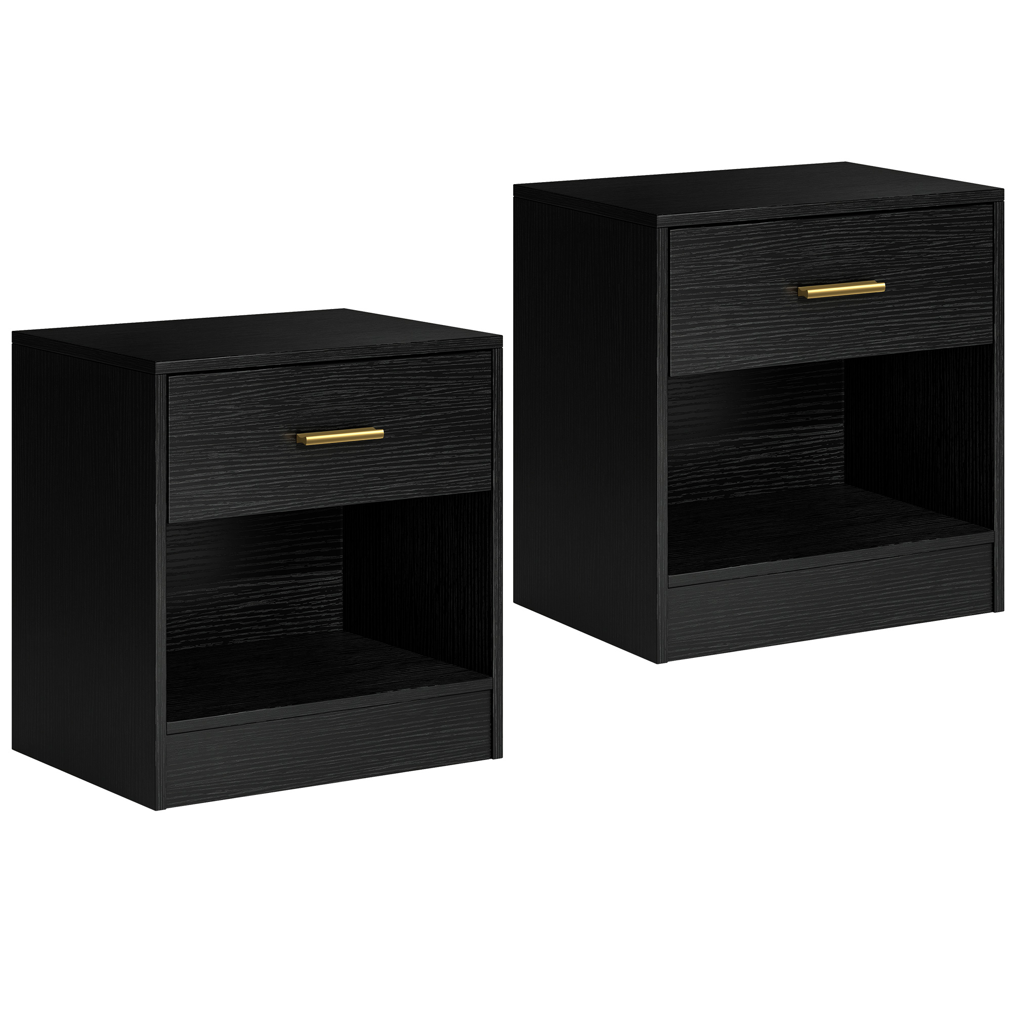 HOMCOM Set 2 Moderne Nachttische mit Schublade und offenem Ablagefach, Nachttische für Schlafzimmer aus Spanplatte, 39x28x41 cm, Schwarz Aosom