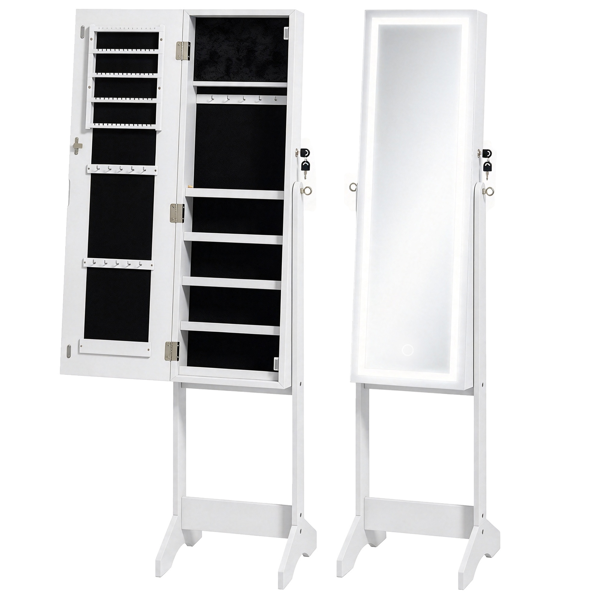 HOMCOM LED Schmuckschrank mit Spiegel, 149 cm Freistehender Schmuck Spiegelschrank mit Ganzkörperspiegel, Abschließbarer Schmuckschrank mit 3 Neigungswinkeln, Weiß Aosom