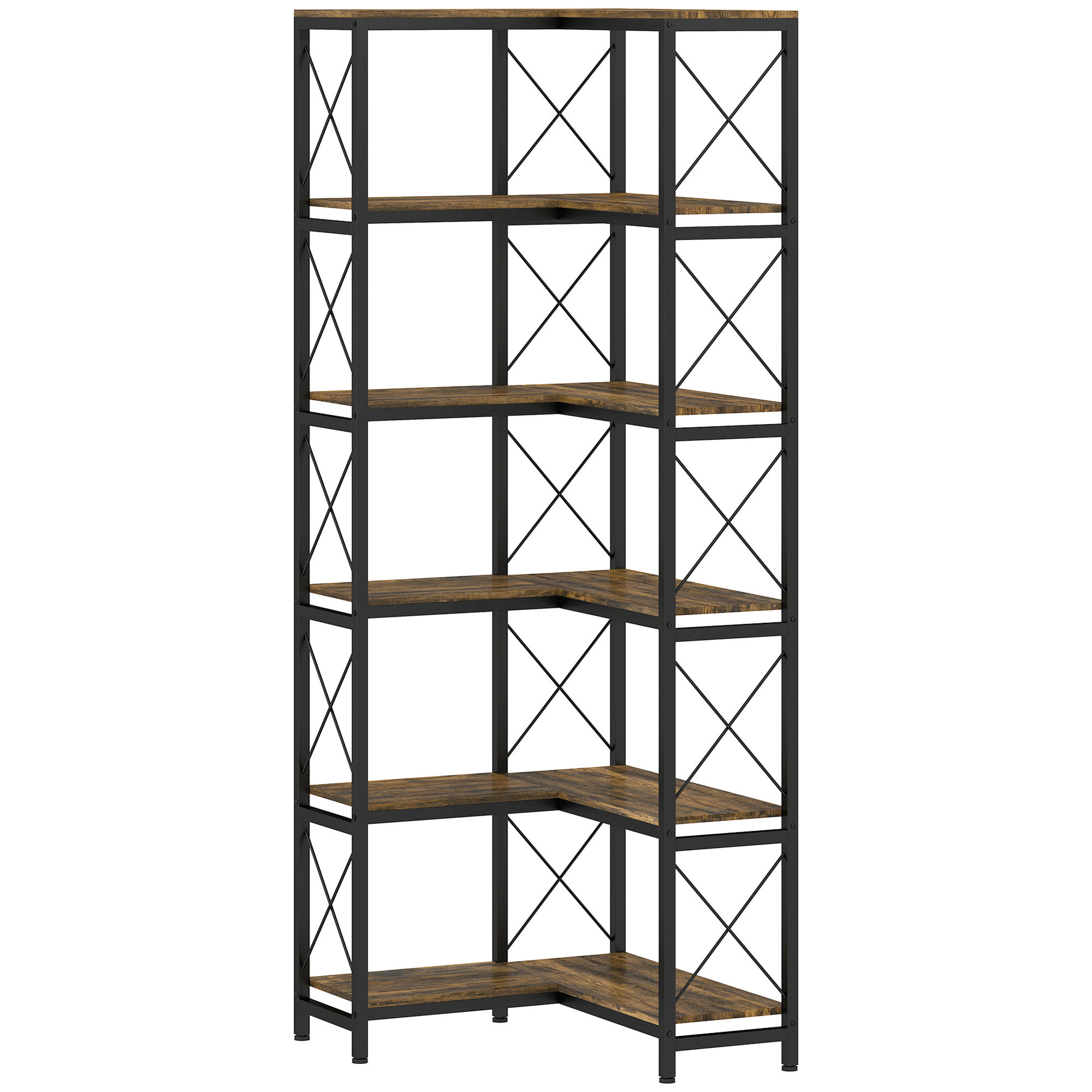 HOMCOM 6-stufiges Eckregal, L-förmiges Bücherregal, freistehendes Regal mit Metallrahmen für Wohnzimmer, Büro, Schlafzimmer, 60 x 60 x 200 cm, rustikal braun Aosom