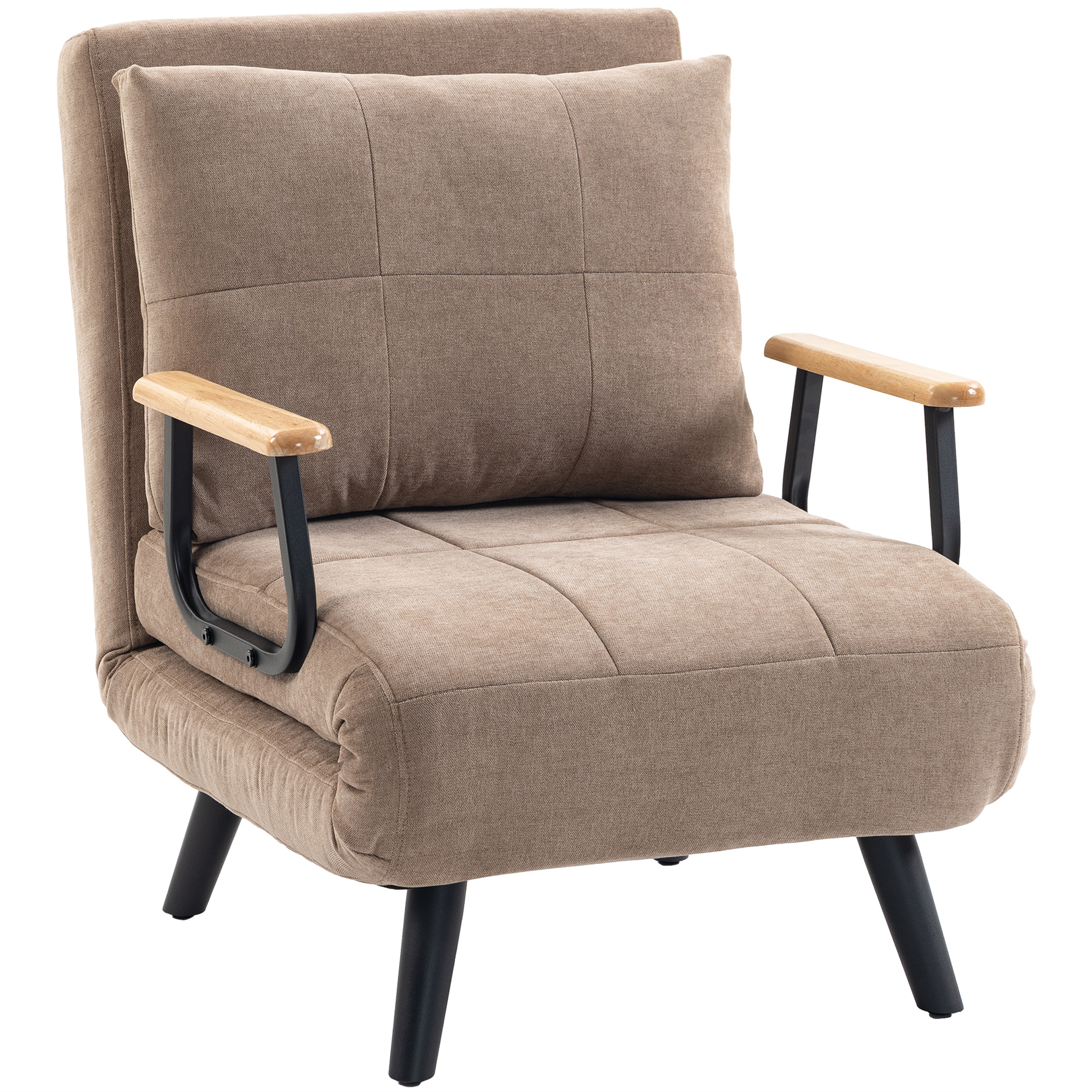 HOMCOM Schlafsessel 3-in-1, Schlafsessel-Click-Clack, Samt-Liege mit 5-fach verstellbarer Rückenlehne, Armlehnen aus Hevea-Holz und Kissen, für Gäste, Wohnzimmer, Büro, Braun Aosom