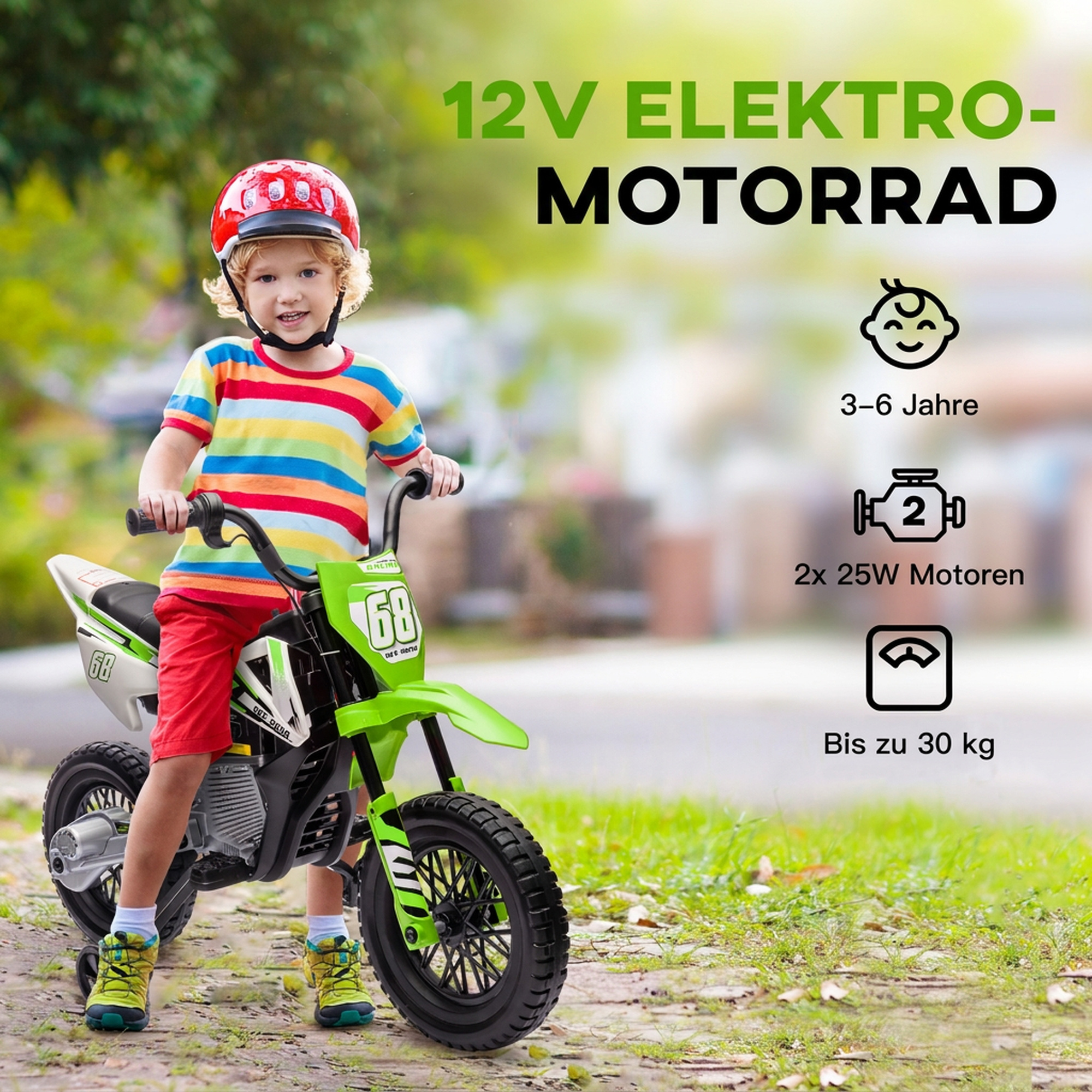 Elektrimootorratas lastele, 12V lastemootorratas muusikaga, lastesõiduk abiratastega, 3-6 aastat, roheline
