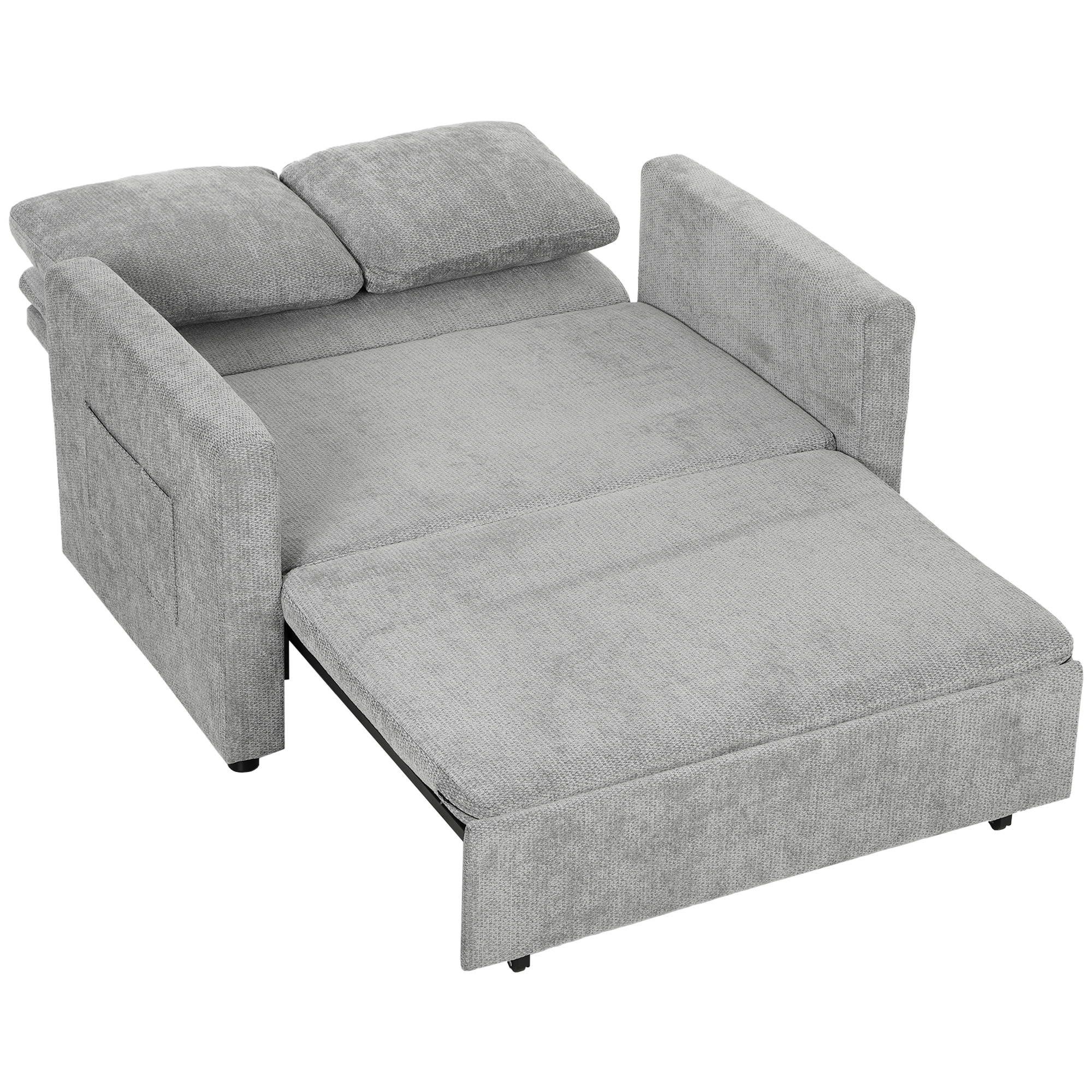 HOMCOM Canapea extensibilă 2 locuri 3-în-1, canapea-lit clic-clac 122 cm chenille, spătar reglabil, buzunare laterale, gri | Aosom Romania