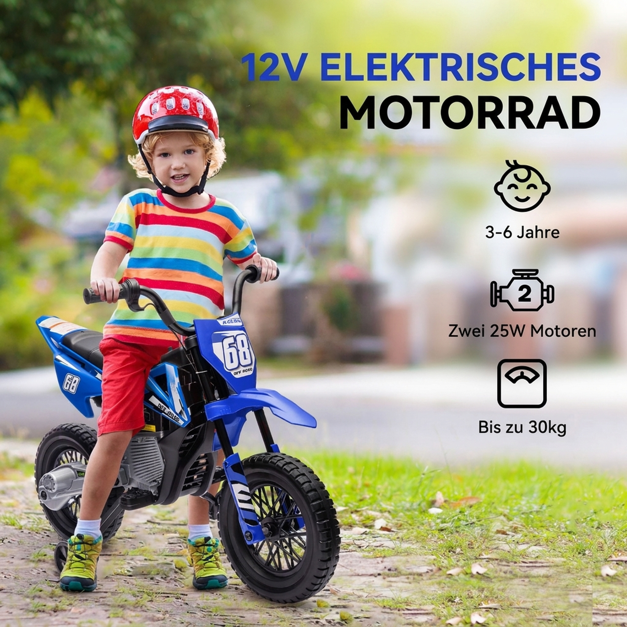 Elektrimootorratas lastele, 12V lastemootorratas muusikaga, lastesõiduk abiratastega, 3-6 aastat, sinine