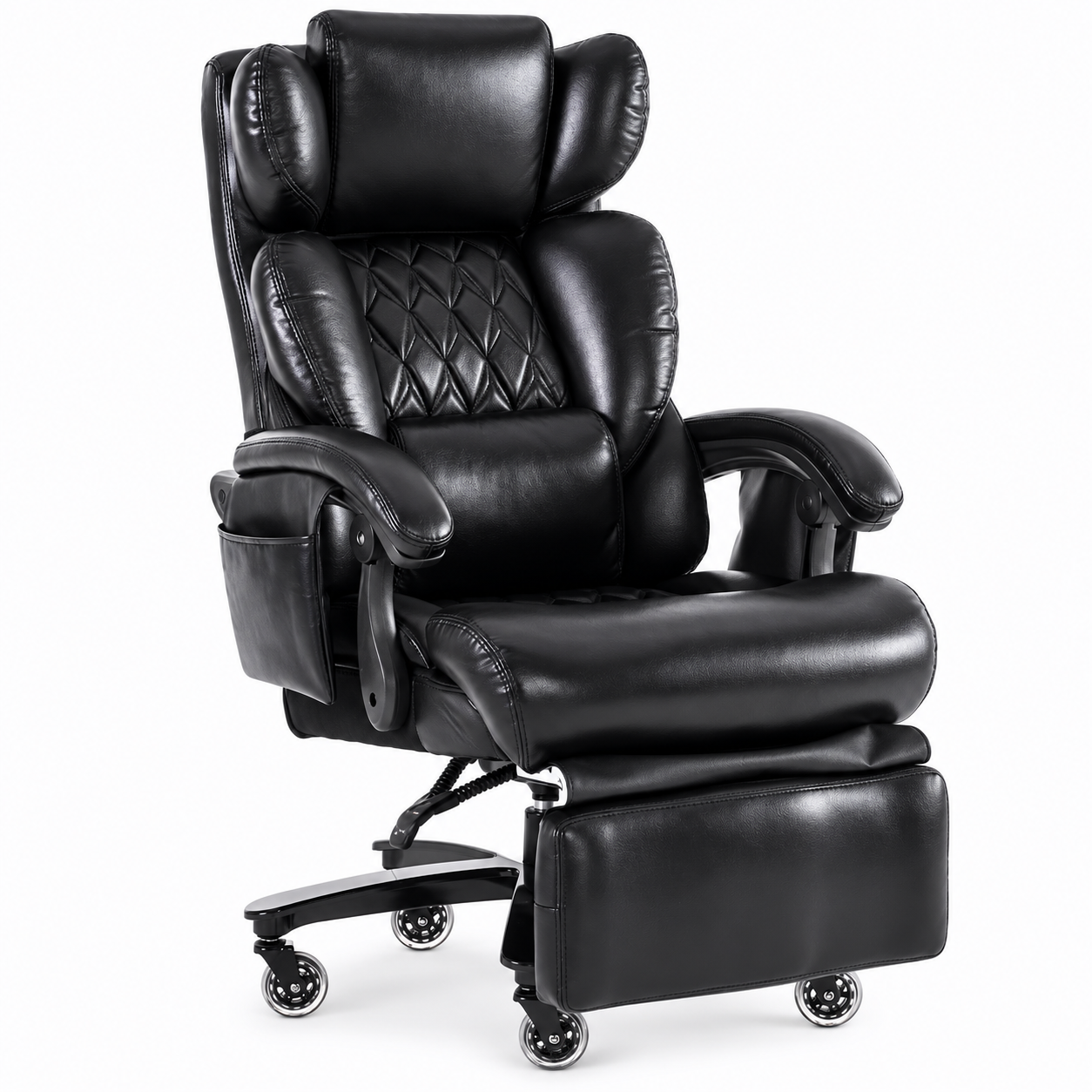 Chefsessel mit Massage- und Heizfunktion, Ergonomischer Bürostuhl mit PU-Leder, ausziehbare Fußstütze, 88x70x112,5 cm, Schwarz