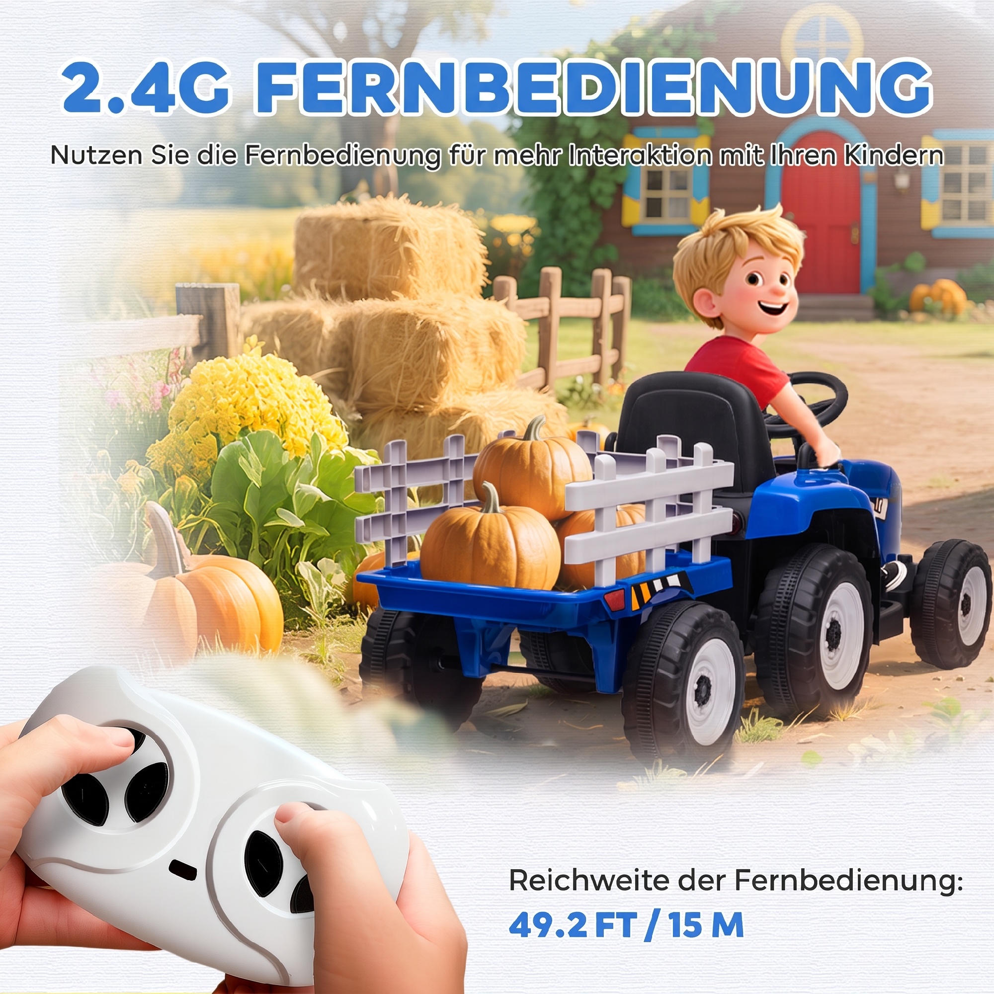 Laste elektriauto haagisega, puldiga, esituledega, 3-6 km/h, vanusele 3-6, sinine
