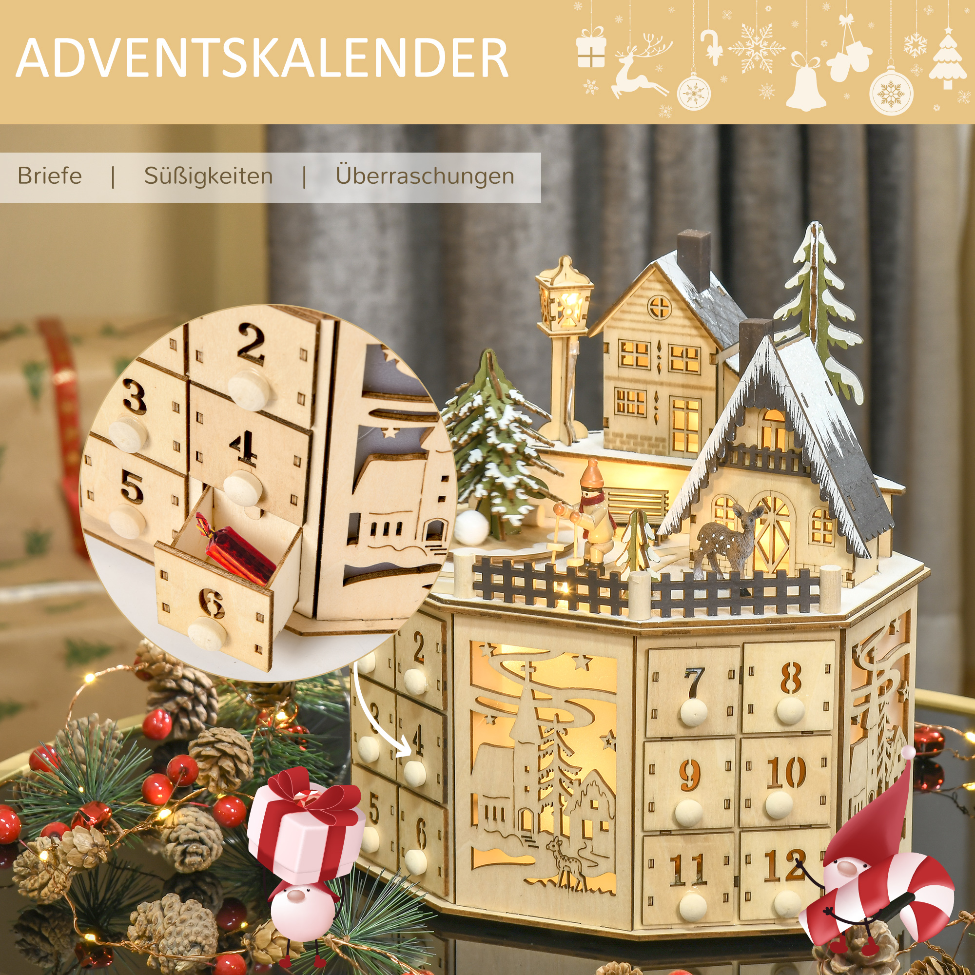Advendikalendri karp, jõulukaunistus, LED-tuled, 24 sahtlit, naturaalne