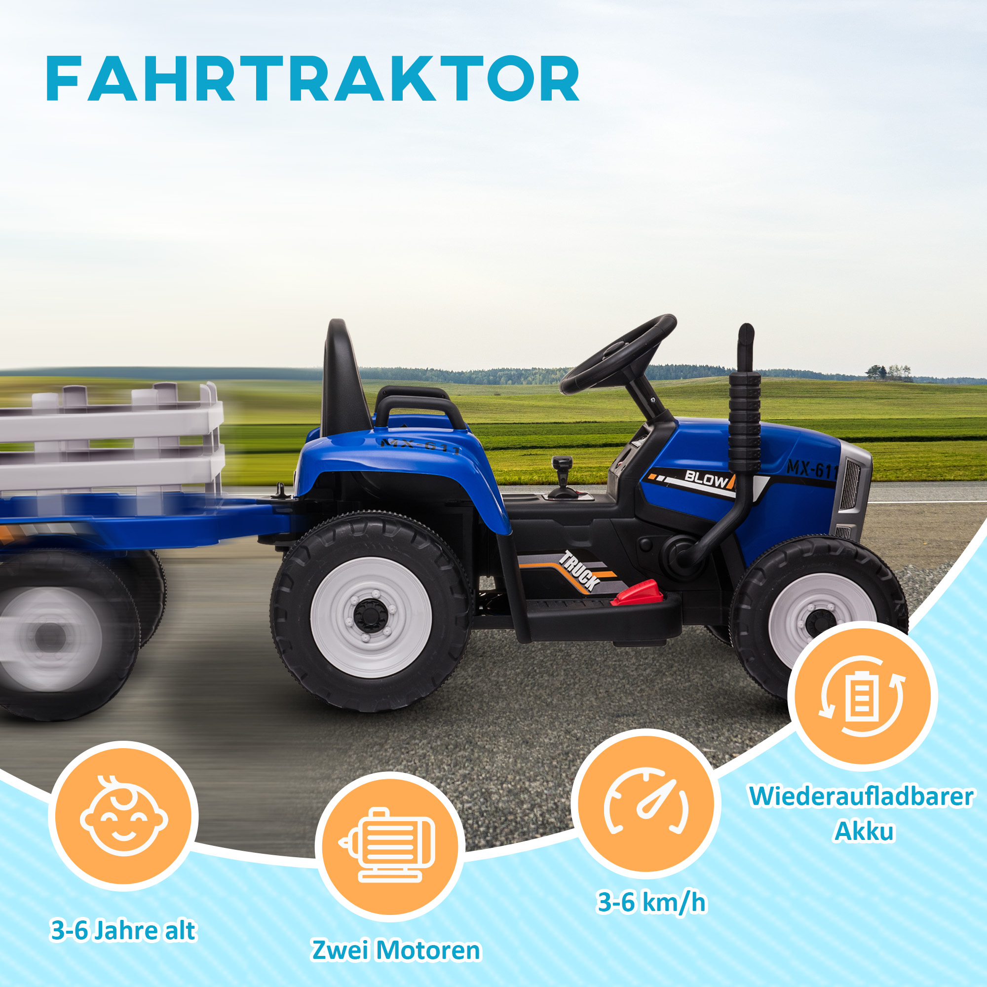 Laste elektriauto haagisega, puldiga, esituledega, 3-6 km/h, vanusele 3-6, sinine