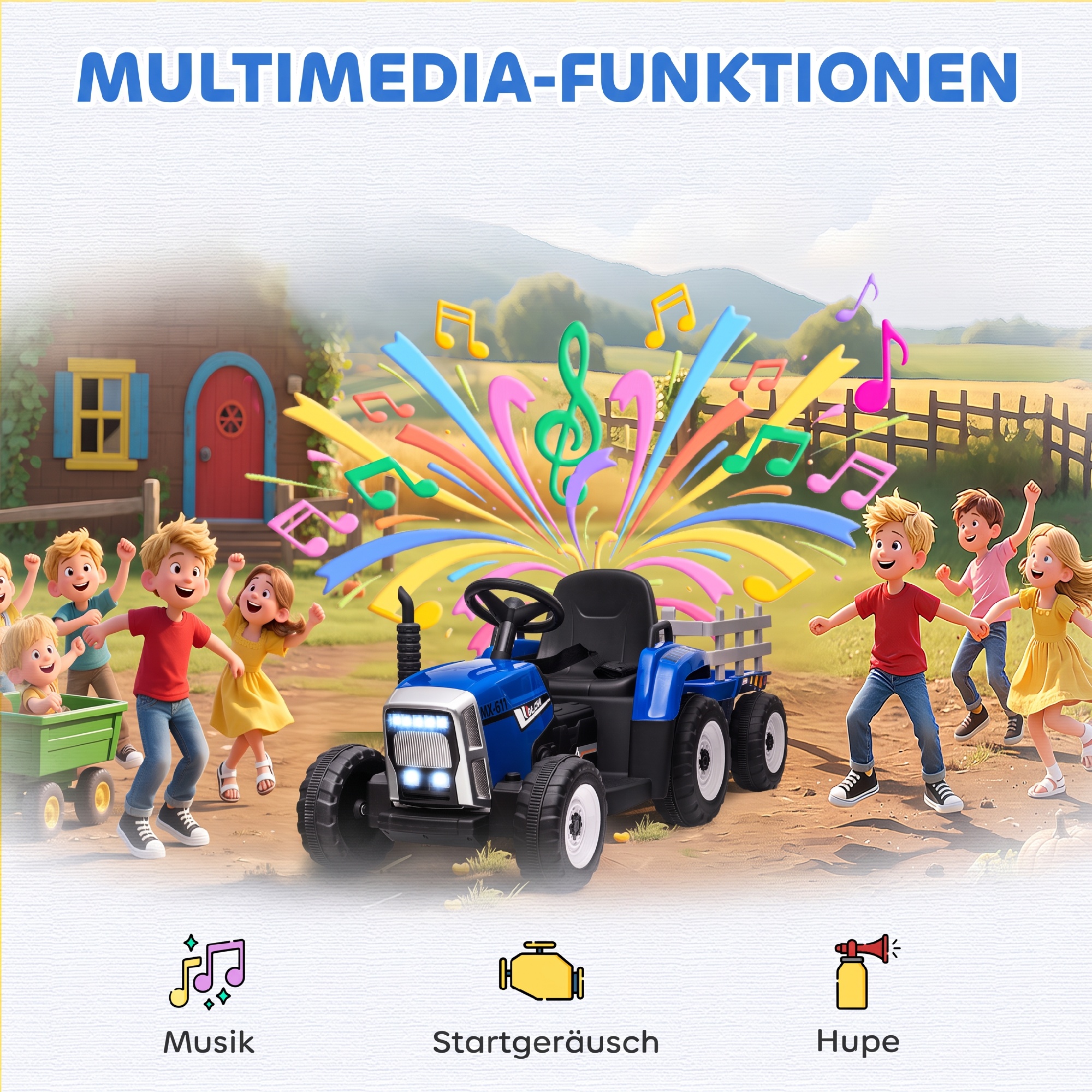 Laste elektriauto haagisega, puldiga, esituledega, 3-6 km/h, vanusele 3-6, sinine