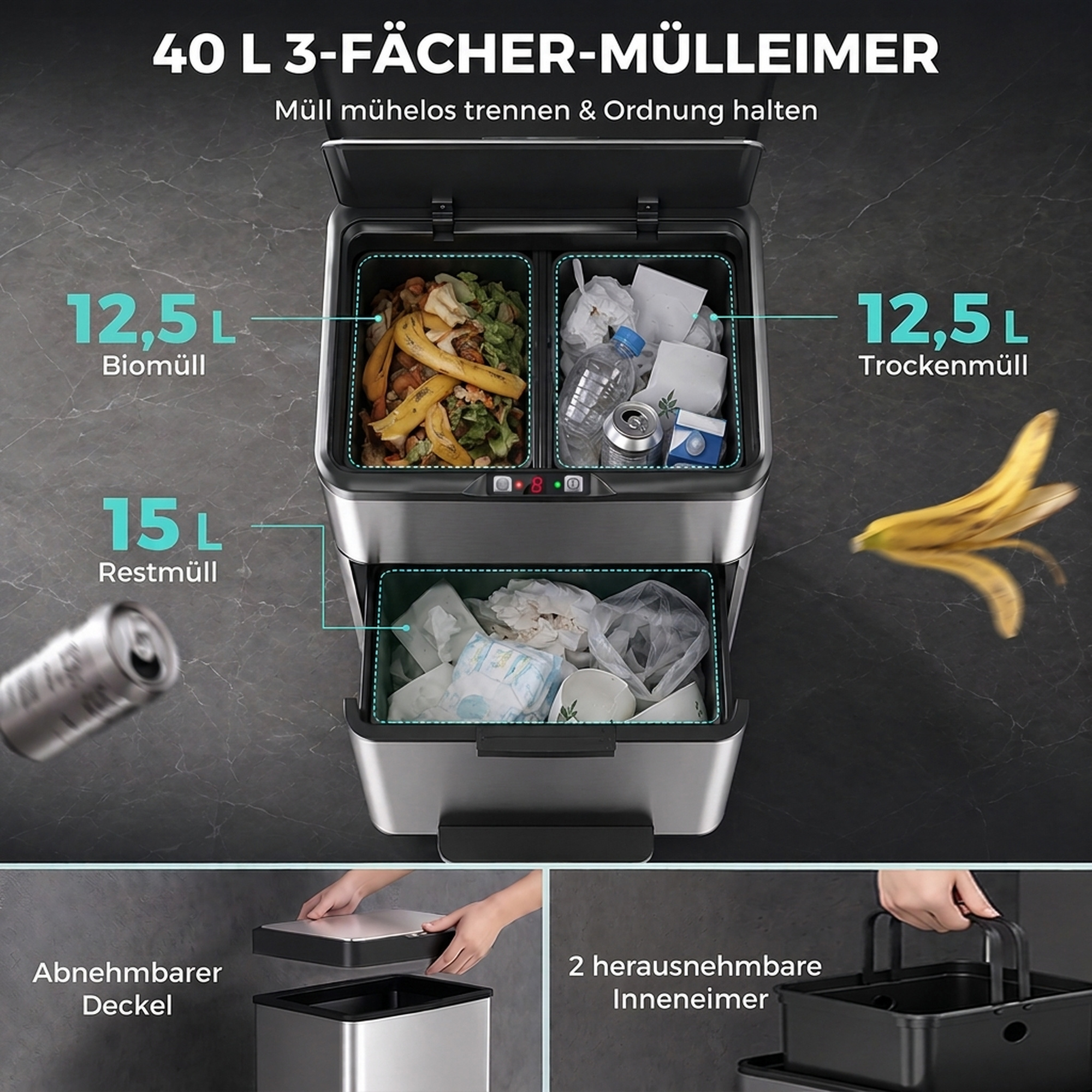 40L sensorprügikast, 3 sektsiooni (2 x 12,5L + 15L), pehme sulgumise ja avatuna hoidmise funktsiooniga, hõbedane