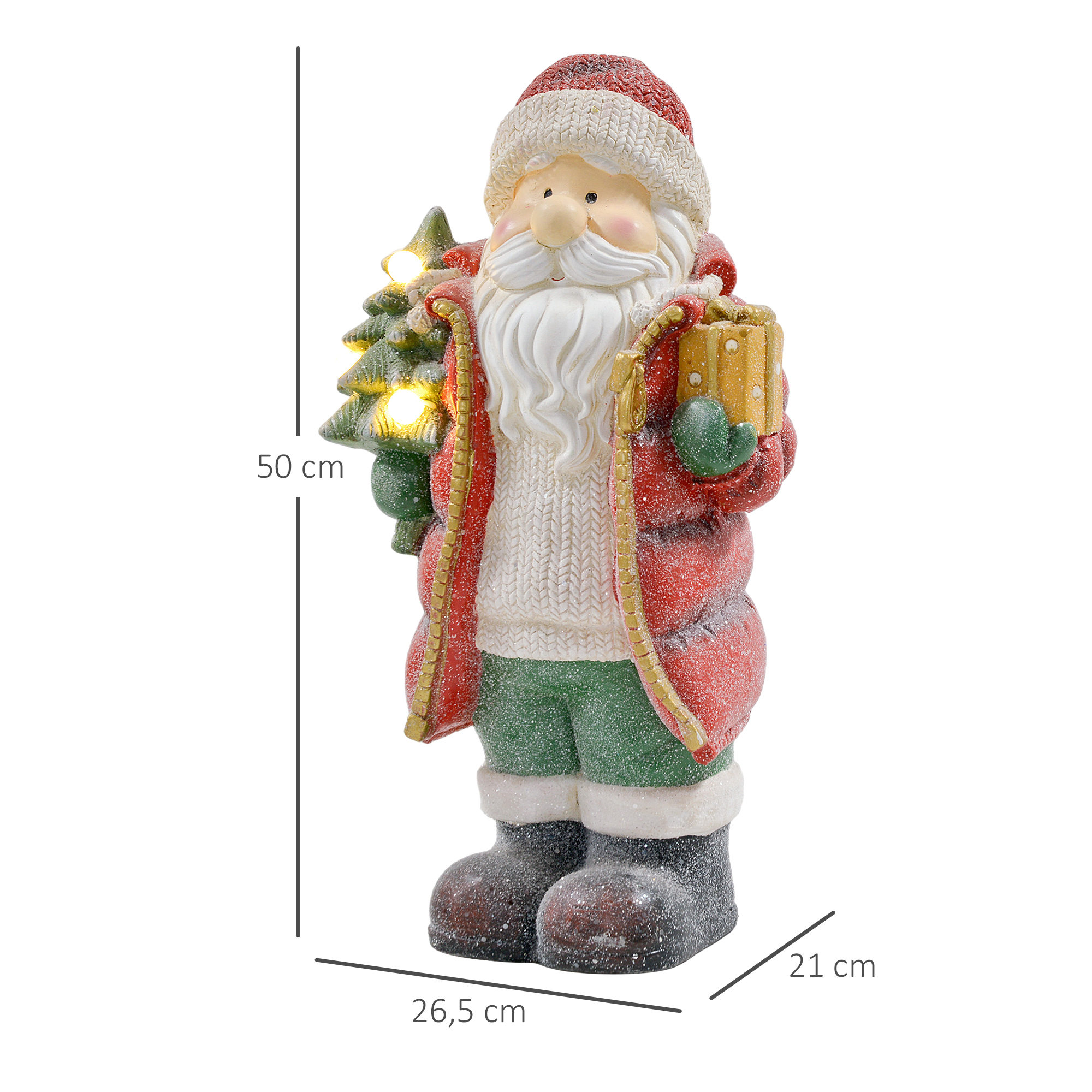 Jõuluvana kujuke puu ja kingitusega, 3 sooja valget LED-i, patareidega, 50 cm