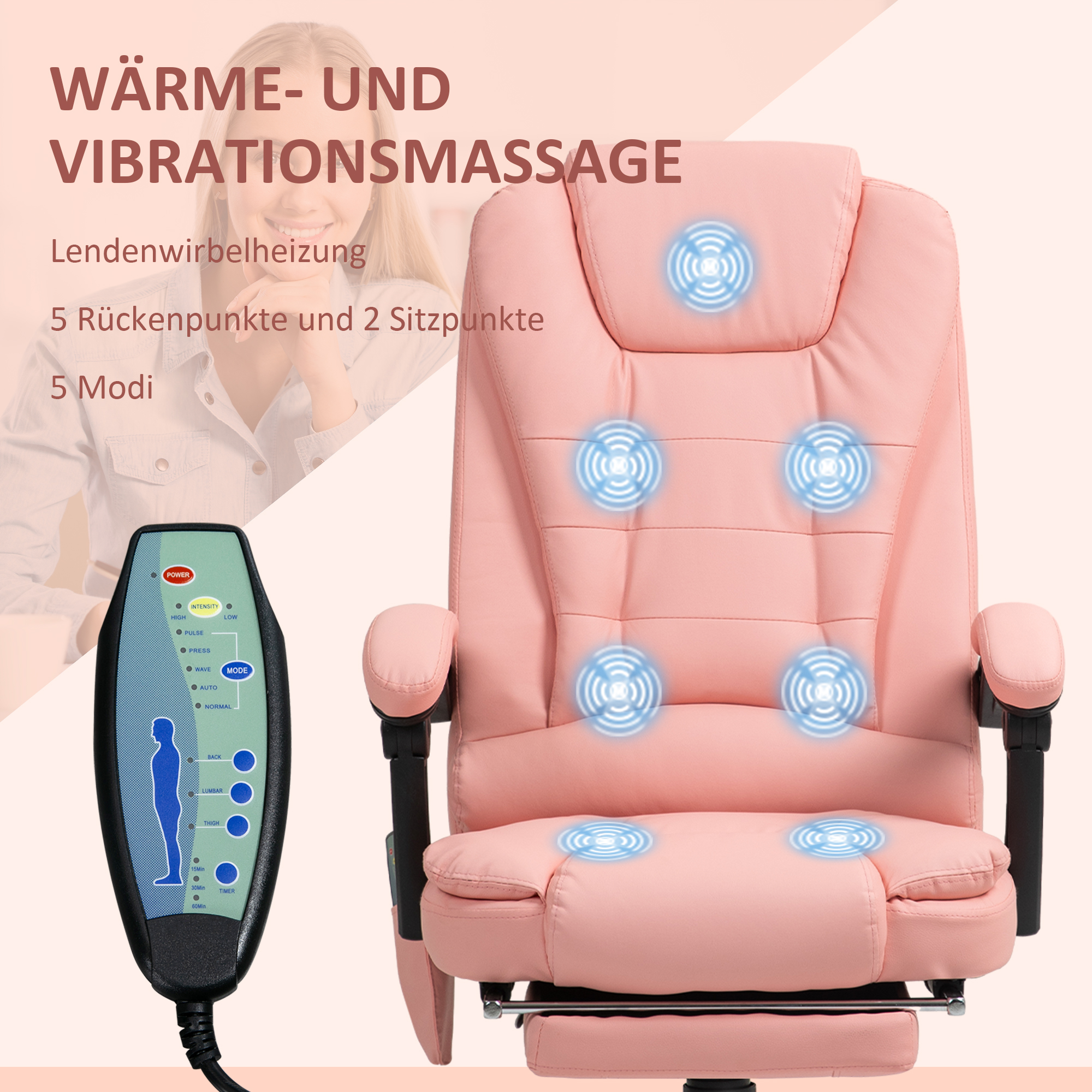 Massaažitool kontorisse, 7 vibratsioonipunkti, reguleeritav jalatugi ja seljatugi, kuni 120 kg, nahaimitatsioon, roosa