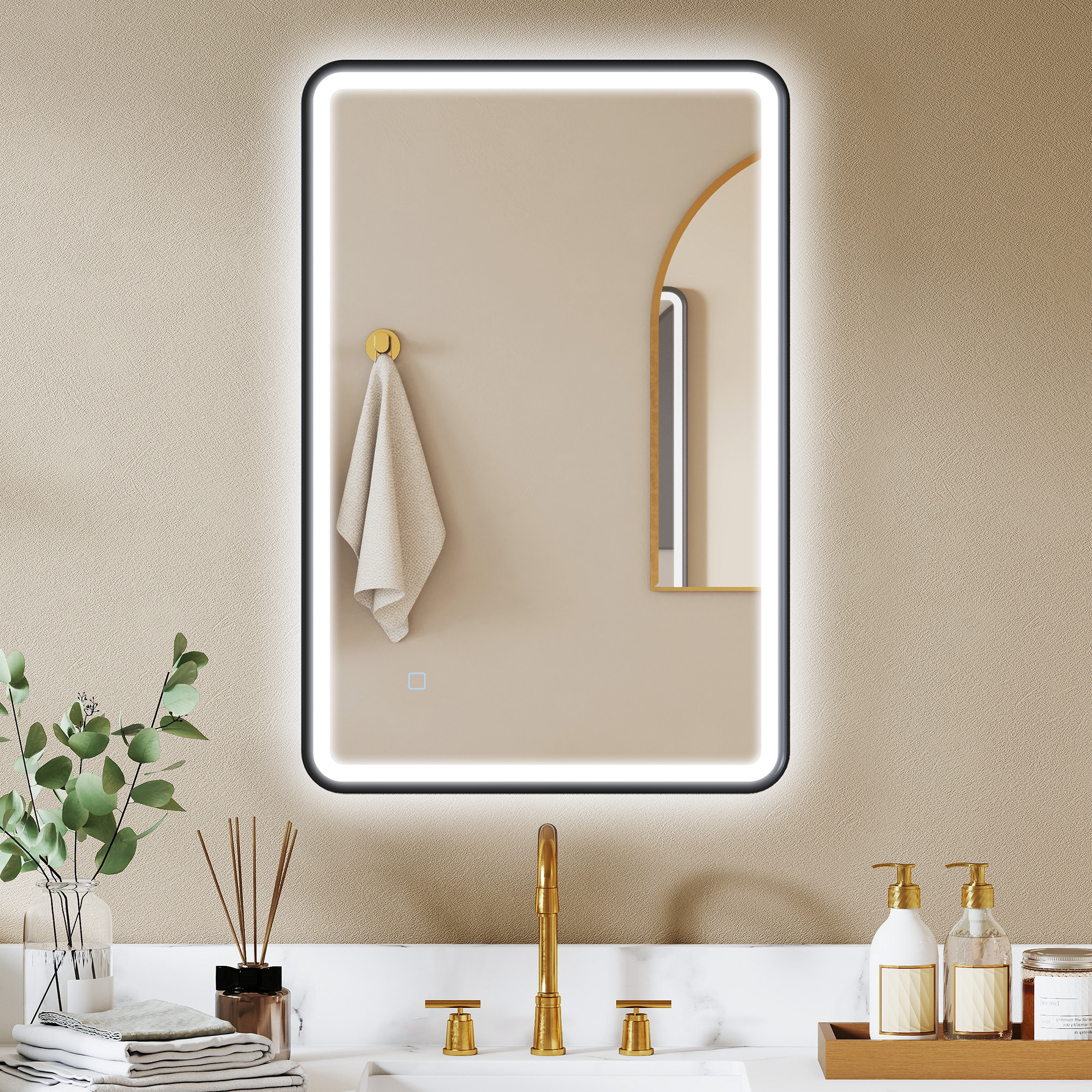 90 x 60 cm LED-vannitoa peegel, tuled, 3 värvi, hämardatav, mälufunktsioon, horisontaalne ja vertikaalne, must