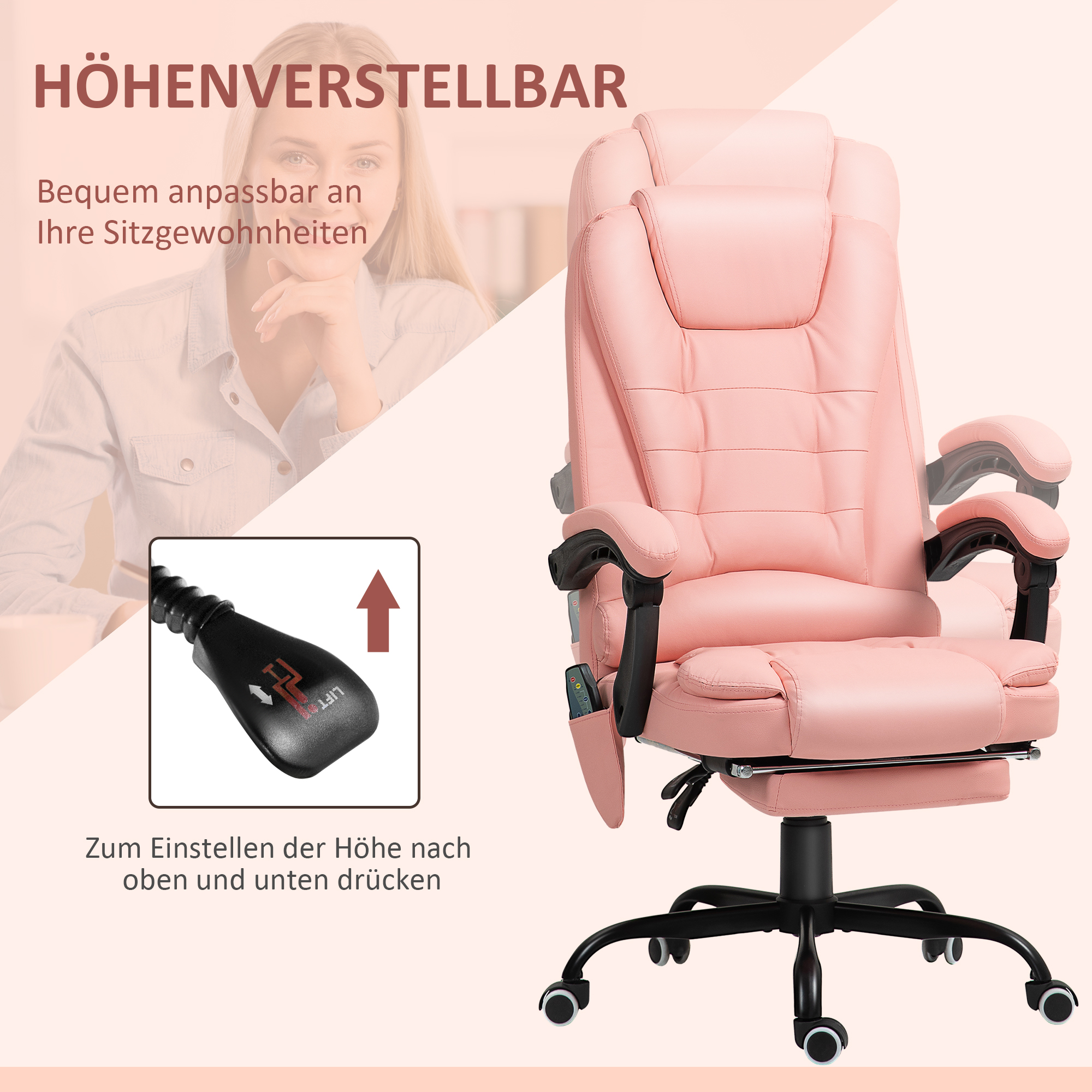 Massaažitool kontorisse, 7 vibratsioonipunkti, reguleeritav jalatugi ja seljatugi, kuni 120 kg, nahaimitatsioon, roosa