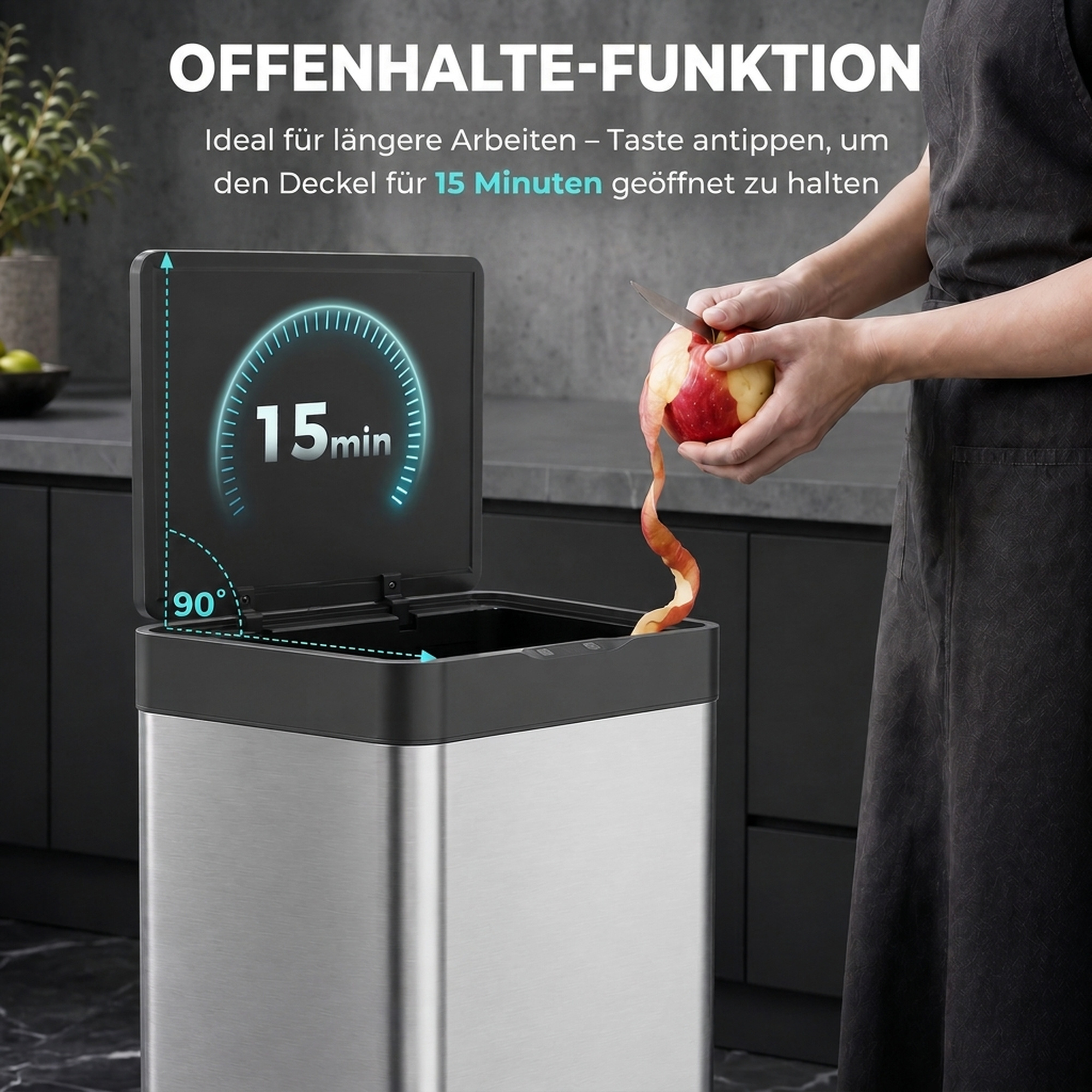 40L sensorprügikast, 3 sektsiooni (2 x 12,5L + 15L), pehme sulgumise ja avatuna hoidmise funktsiooniga, hõbedane